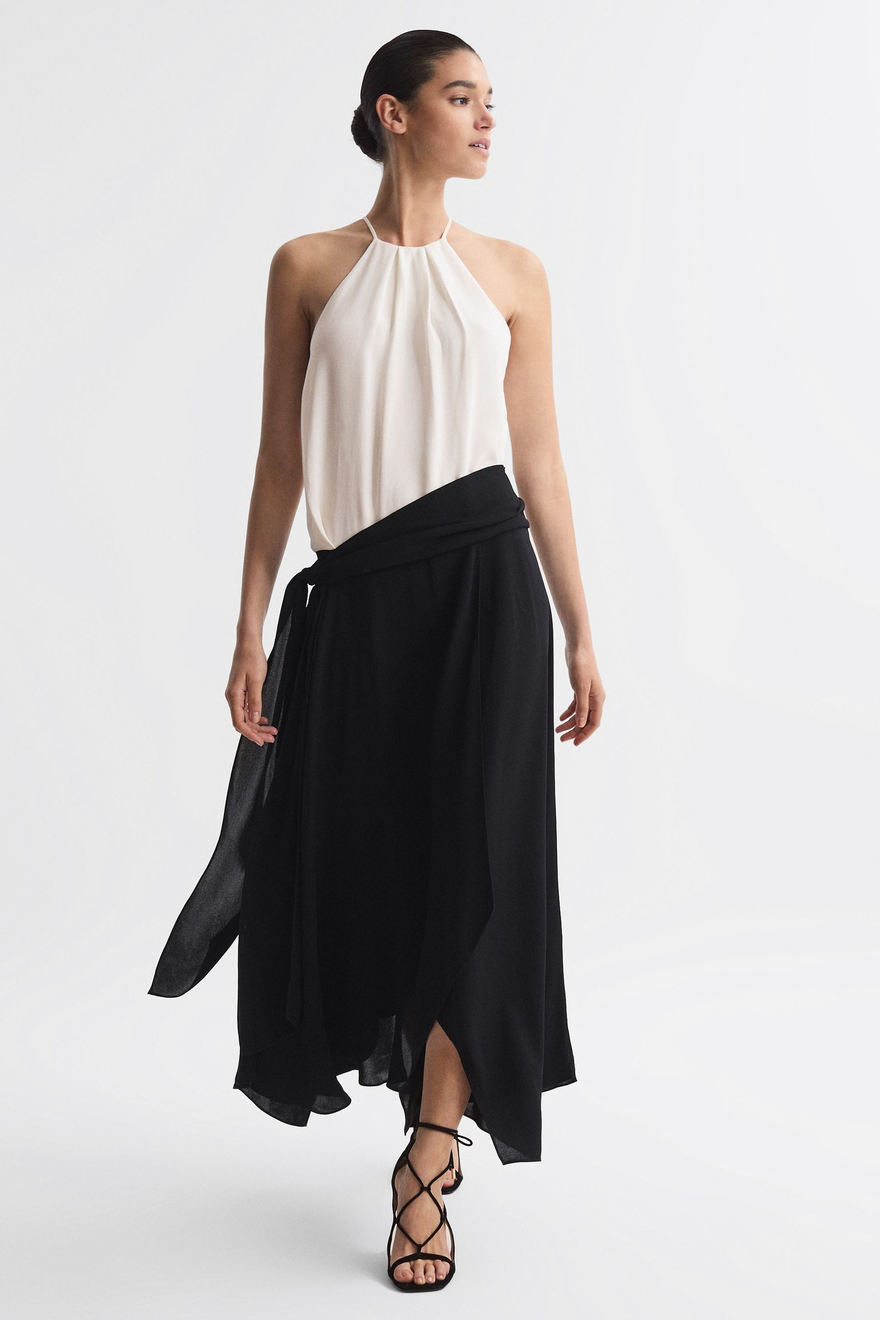 Reiss Cream/black Asymmetric Belted Wrap Midi Dress In Cream/black