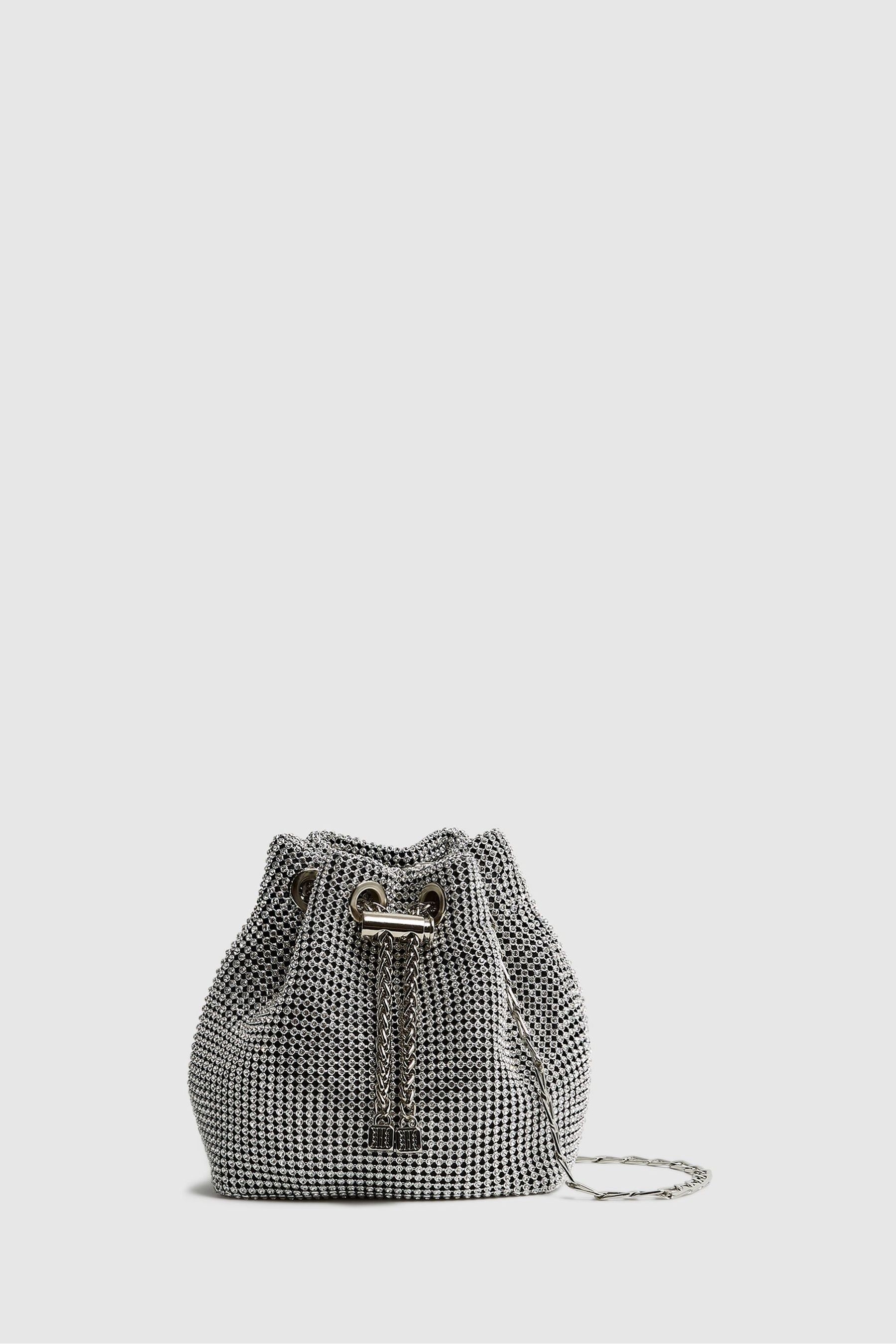 Reiss Demi Chainmail Crystal Mini Drawstring Bag In Silver