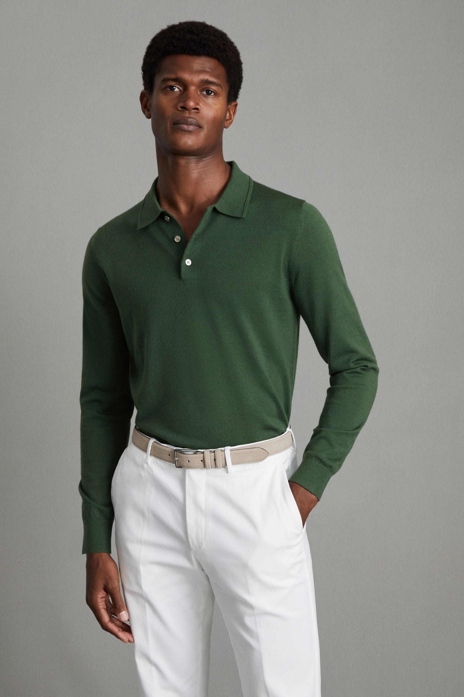 Reiss Trafford - Hunting Green Merino Wool Polo Shirt, Xl