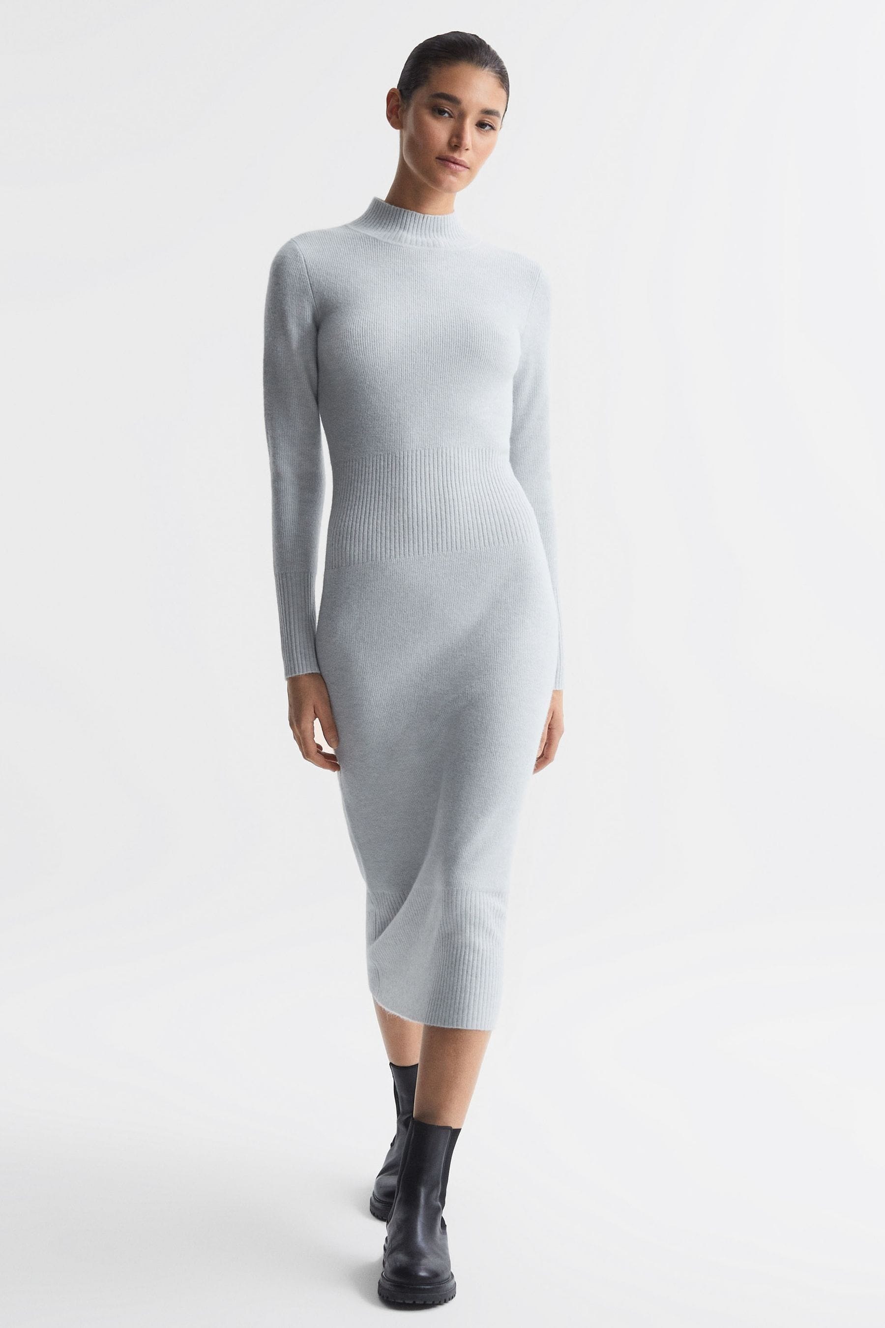Shop Reiss Mara - Grey Knitted Bodycon Midi Dress, L