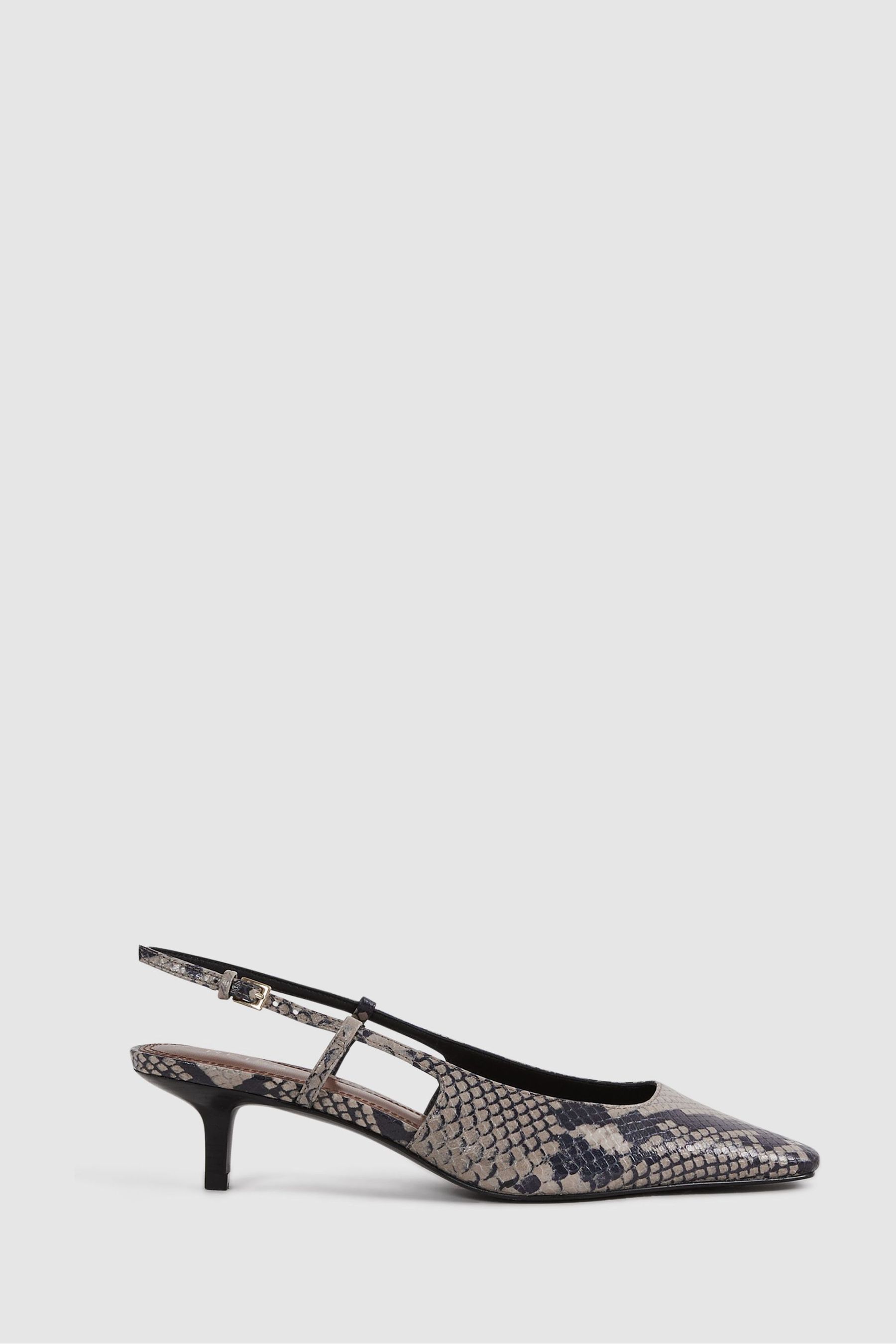Reiss Grey Leather Snake Print Slingback Heels, 7