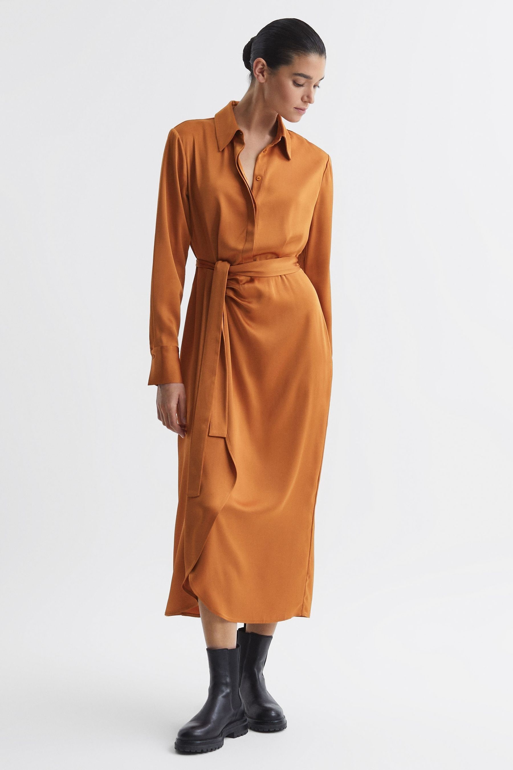 Shop Reiss Arabella - Rust Satin Shirt-style Midi Dress, Us 2