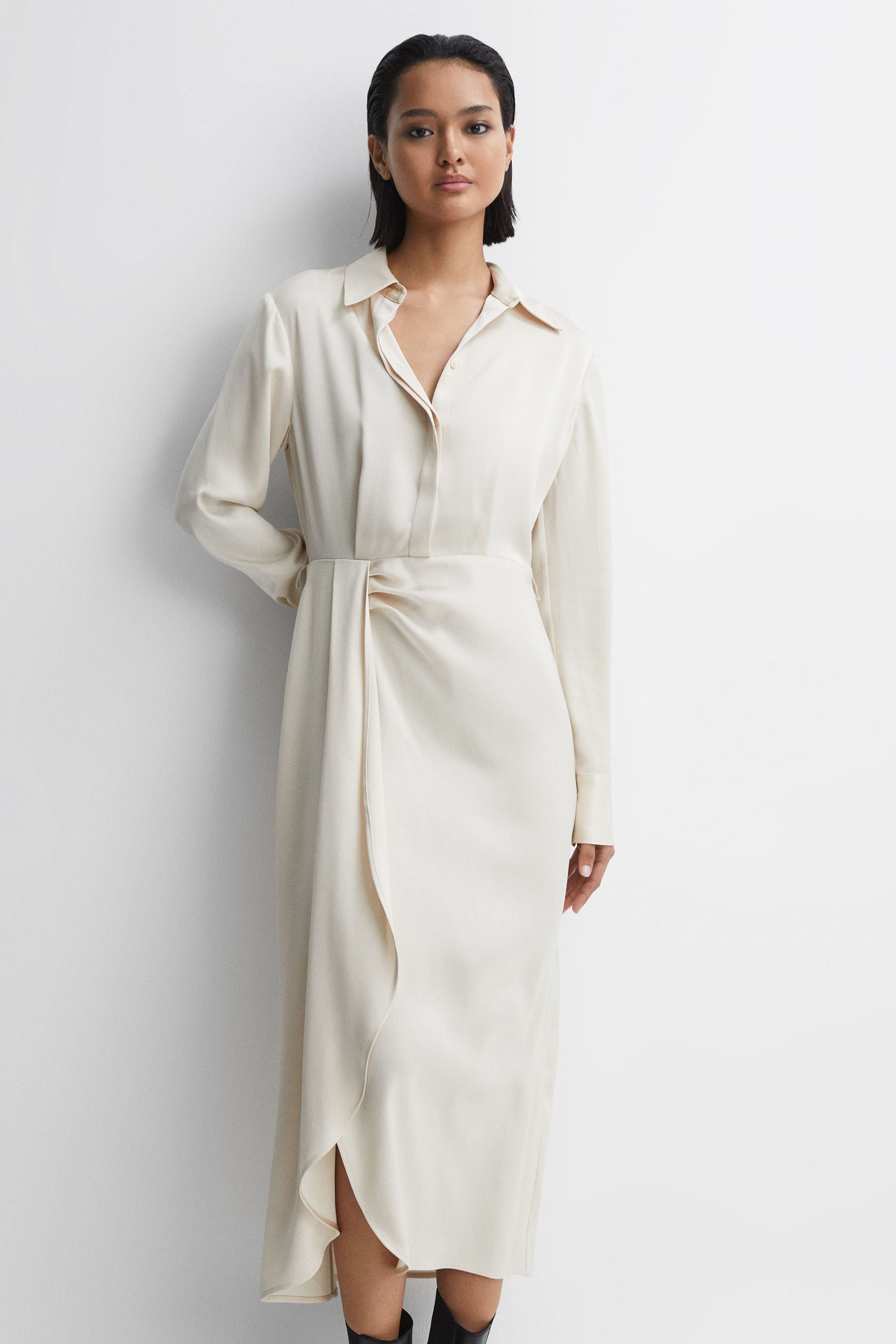 Reiss Arabella - Cream Satin Shirt-style Midi Dress, Us 10