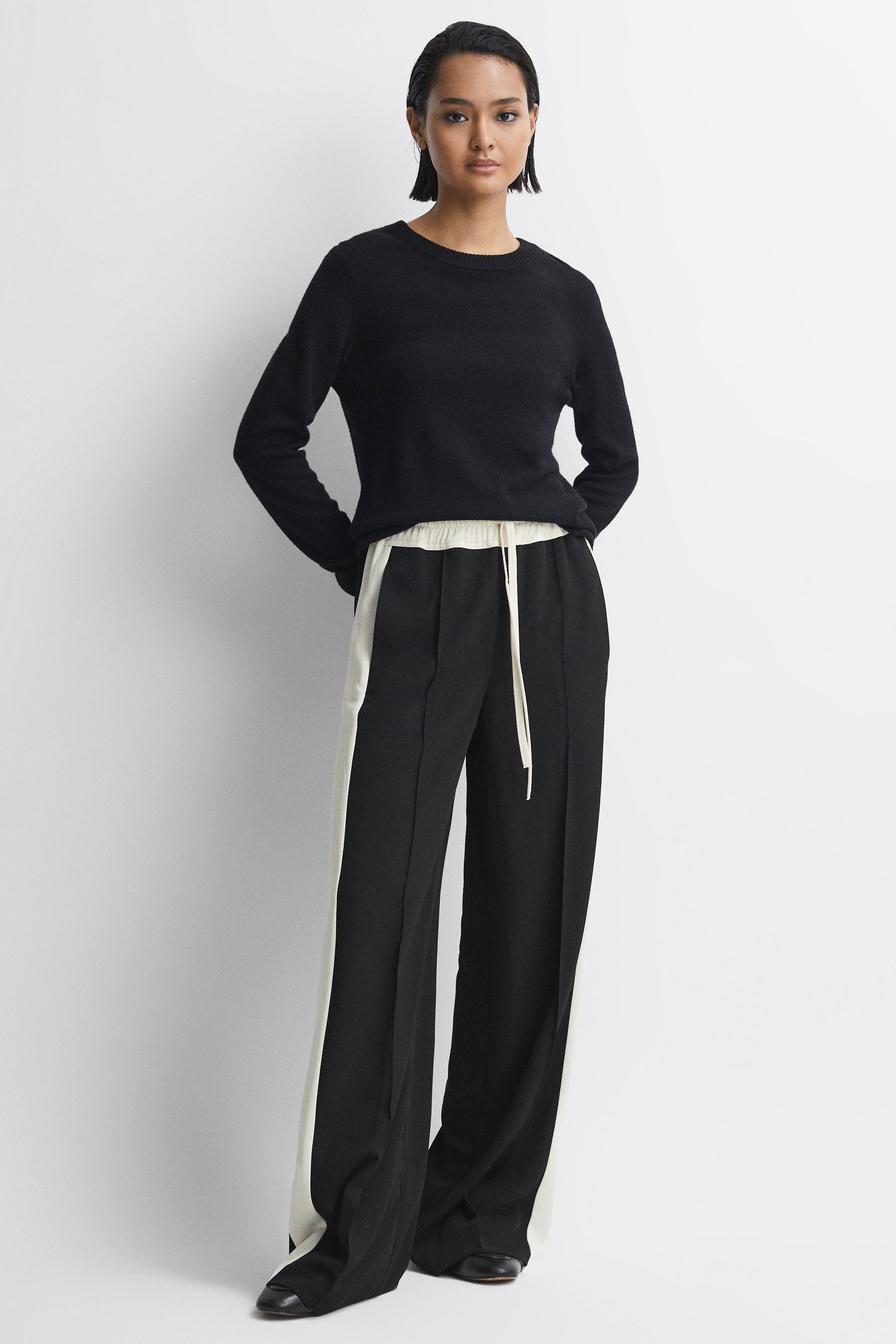 Shop Reiss Wide - Black May Wide Wide Leg Contrast Stripe Drawstring Trousers, Uk 8 L