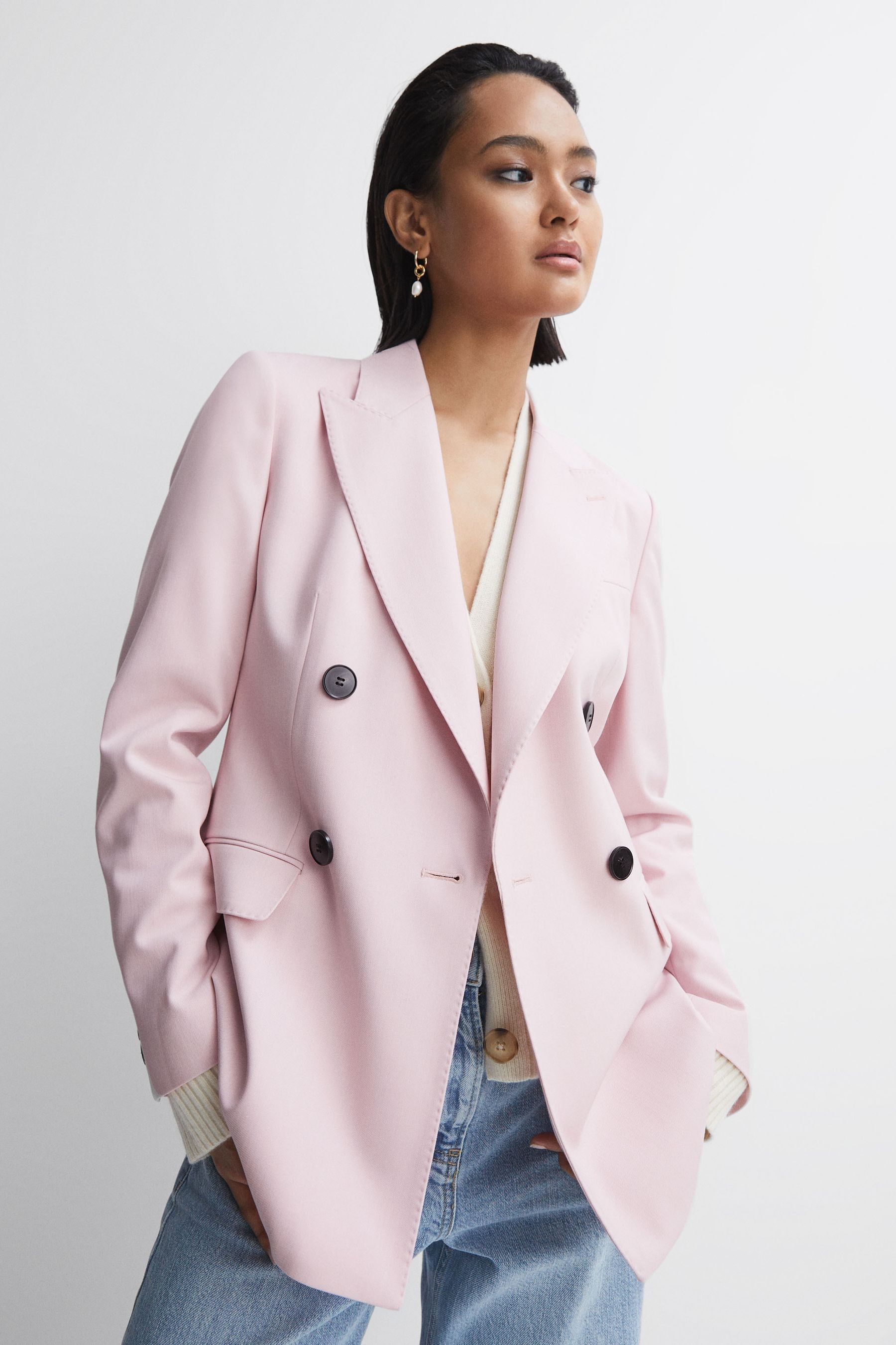 Reiss Evelyn - Pink Tailored Wool Blend Double Breasted Blazer, Us 12