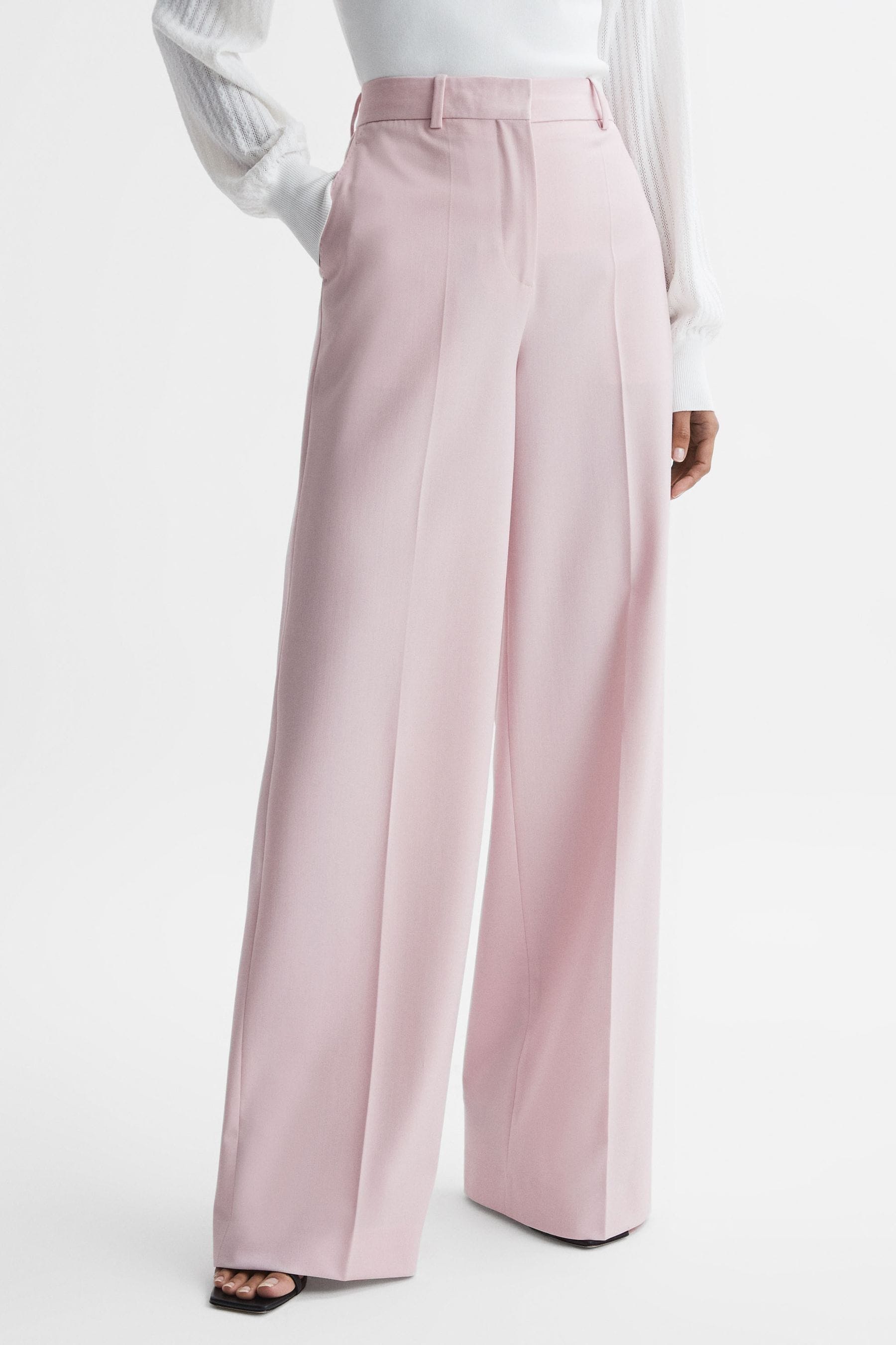 Reiss Evelyn - Pink Wool Blend Mid Rise Wide Leg Trousers, Us 6