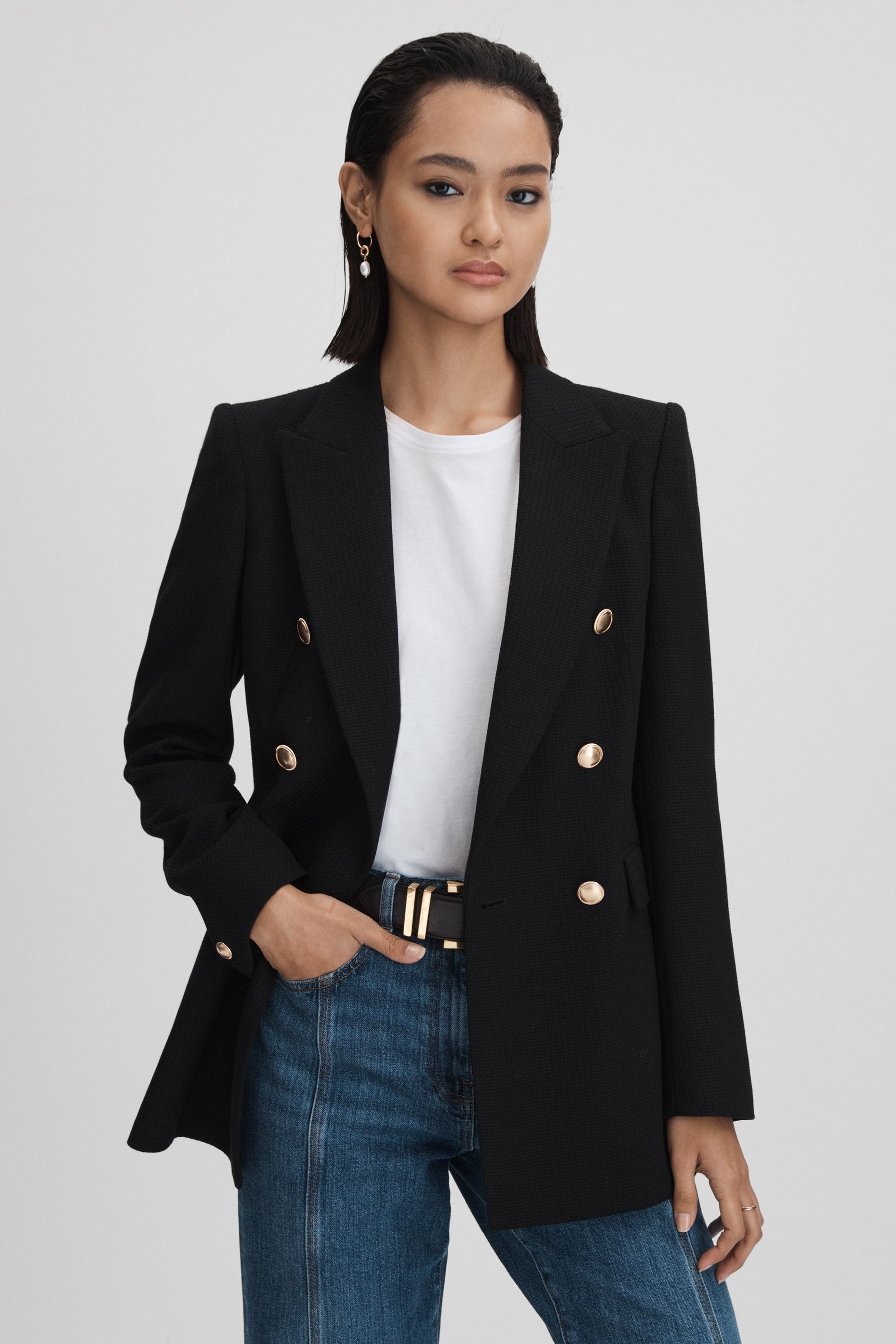 Reiss Lara - Black Tailored Textured Wool Blend Double Breasted Blazer, Us 2