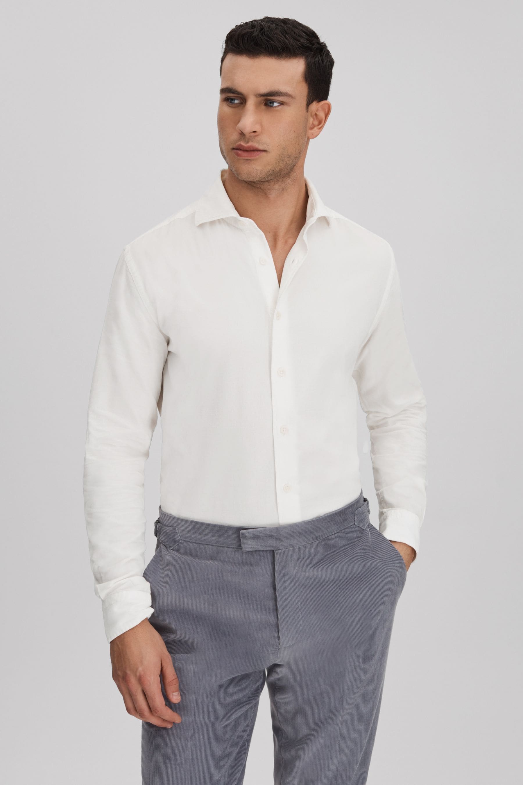 Reiss Vincy - Off White Corduroy Cutaway Collar Shirt, Xl