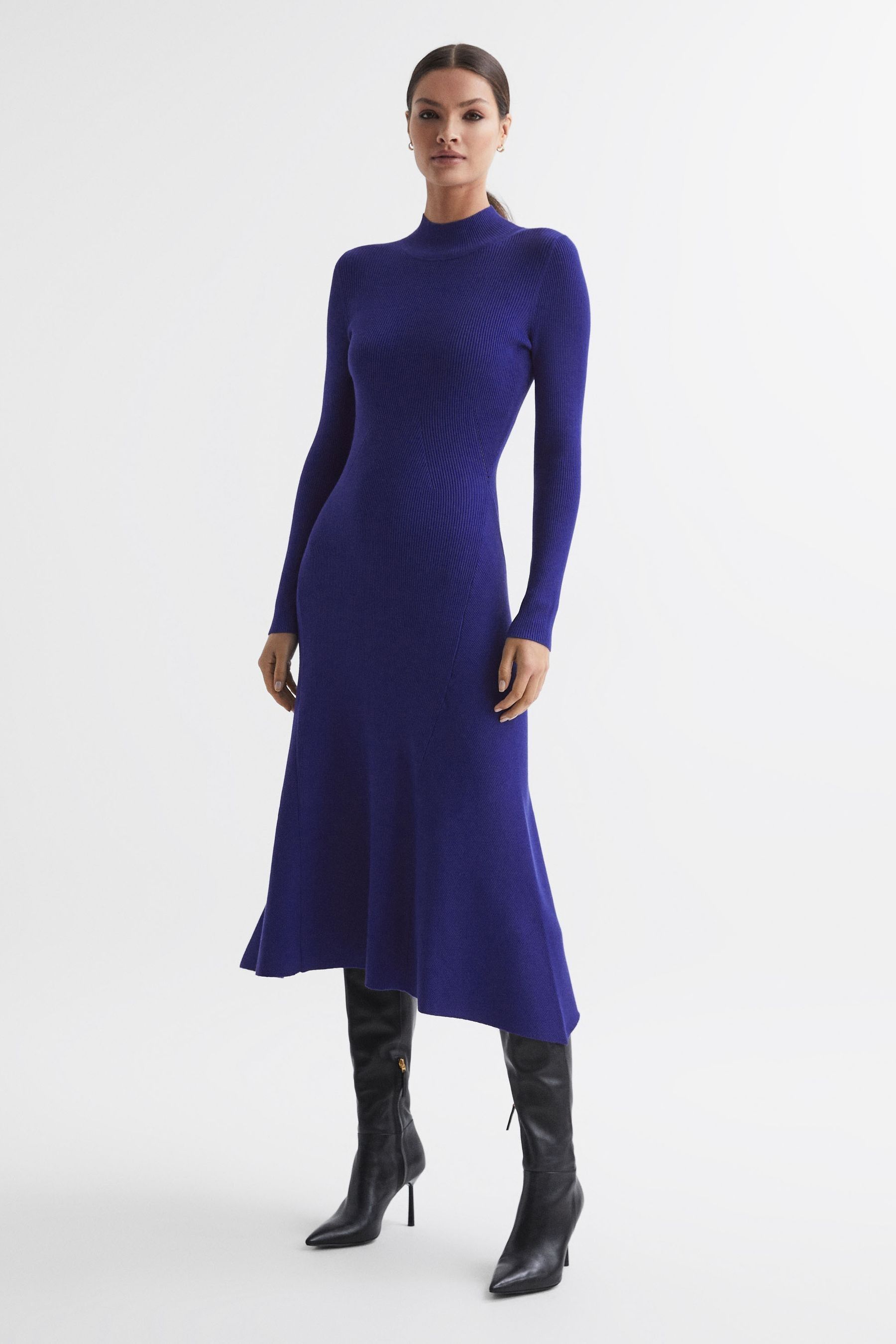 Shop Reiss Chrissy - Blue Knitted Bodycon Midi Dress, L