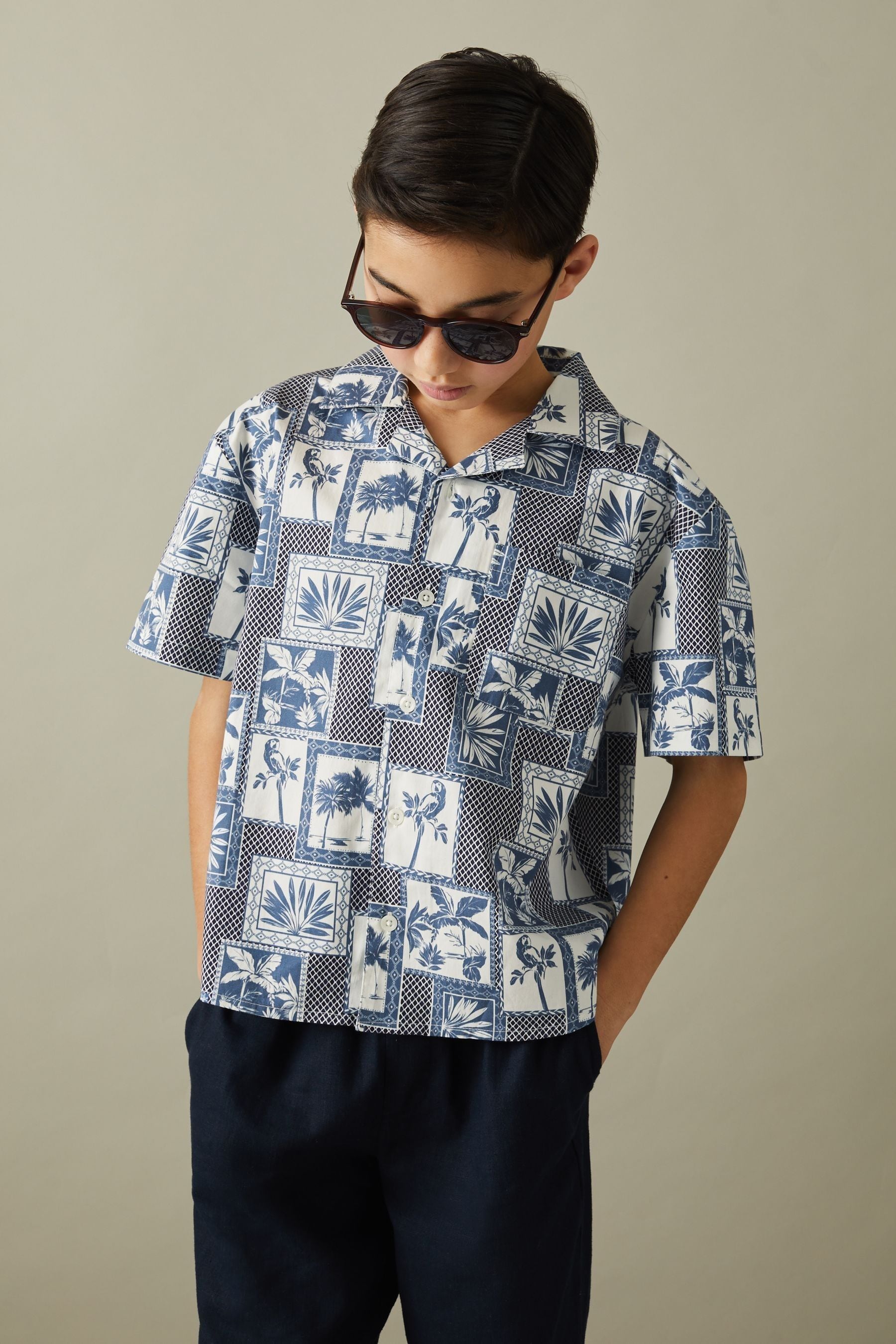Shop Reiss Basin - Airforce Blue Cotton Blend Collage Cuban Collar Shirt, Age 4-5 Years