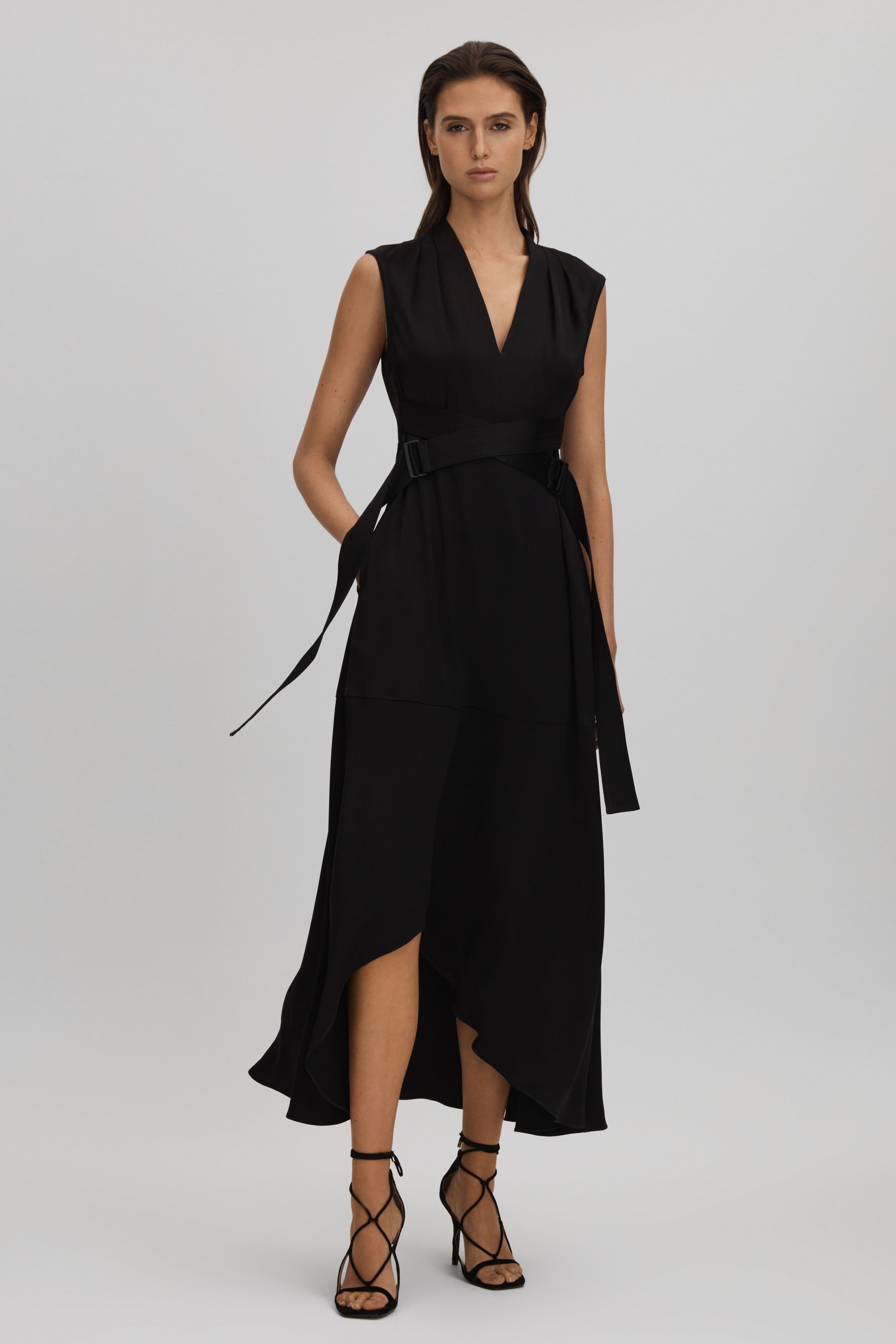 Shop Reiss Raya - Black Strappy Asymmetric Midi Dress, Us 6