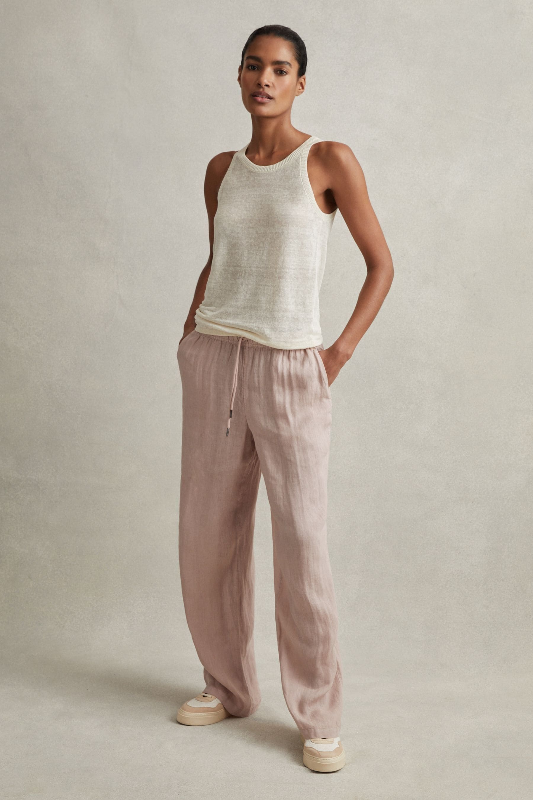 Reiss Cleo - Dusty Pink Garment Dyed Wide Leg Linen Trousers, Uk 8 R