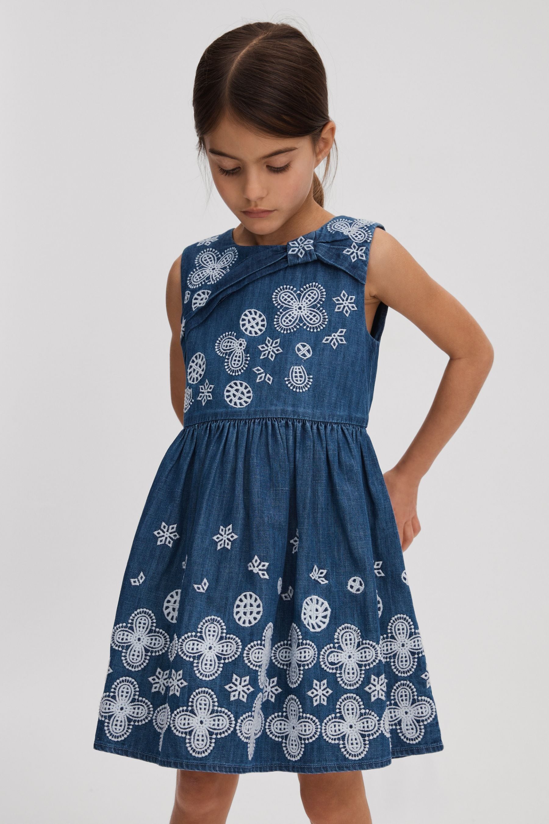 Shop Reiss Penny - Denim Junior Denim Broderie Dress, Age 8-9 Years