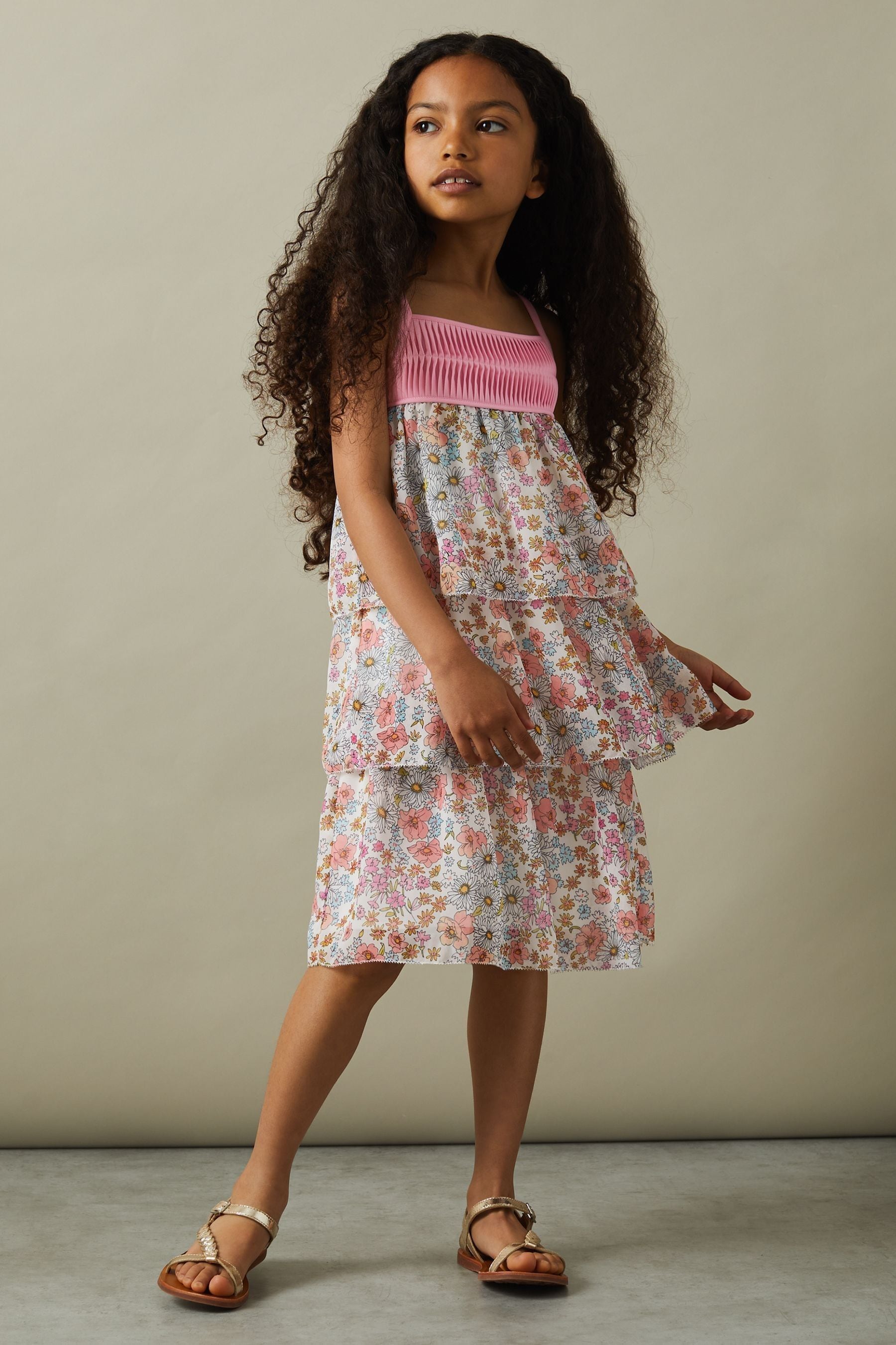 Reiss Kids' Leela - Pink Print Junior Floral Print Tiered Dress, Age 4-5 Years