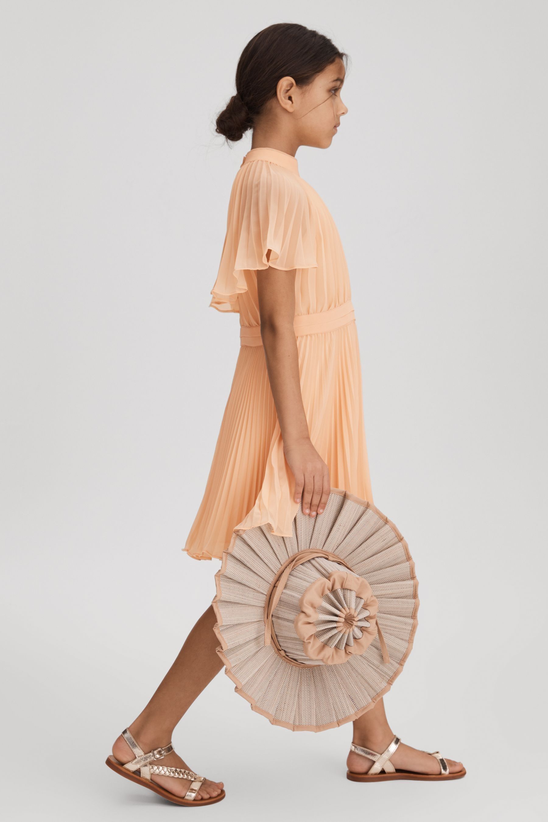 Reiss Apricot Senior Pleated Cape Sleeve Dress, 11