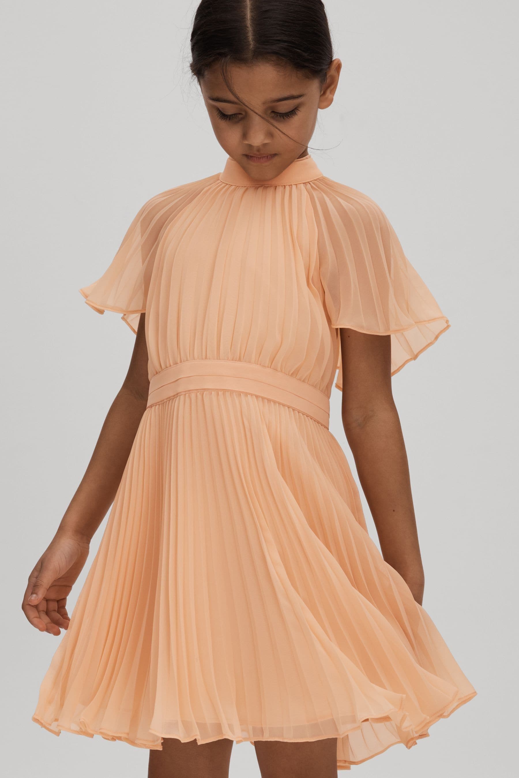 Reiss Kids' Verity - Apricot Junior Pleated Cape Sleeve Dress, Age 4-5 Years