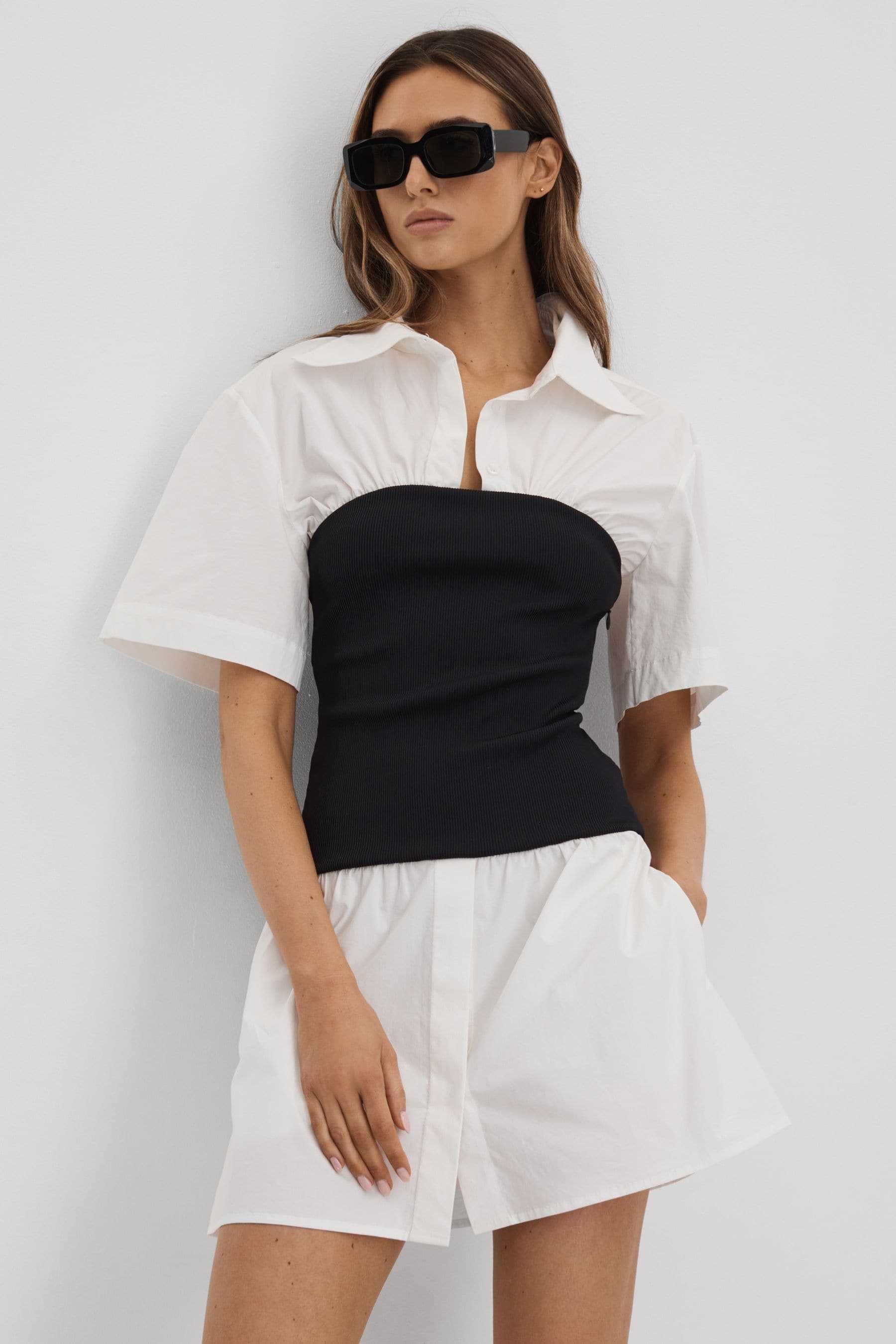 Anna Quan Hybrid Shirt Mini Dress In White