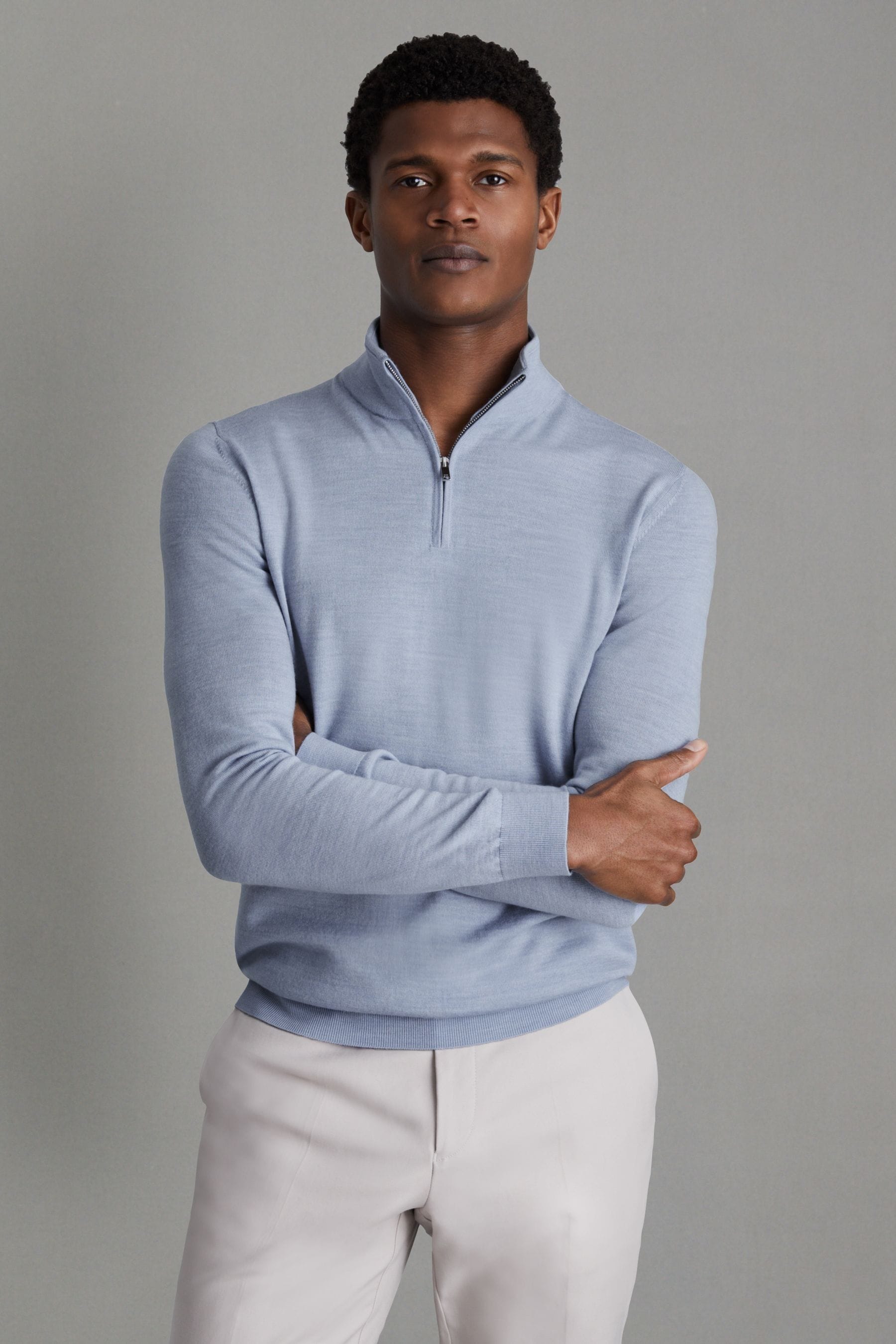 Reiss Soft Blue Melange Merino Wool Half-zip Funnel Neck Jumper, XL