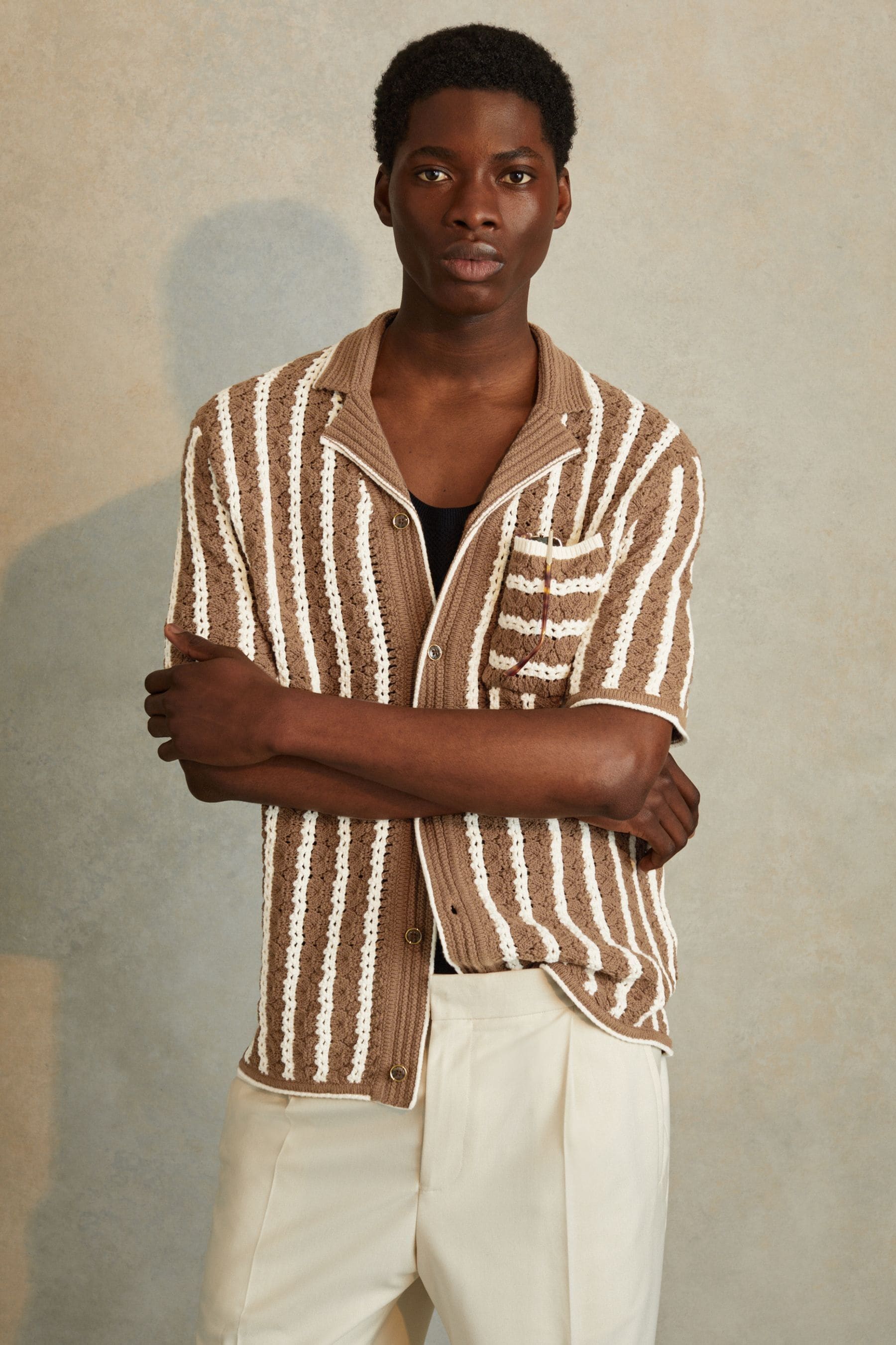 Spritz - Camel/White Oversized Crochet Striped Cuban Collar Shirt