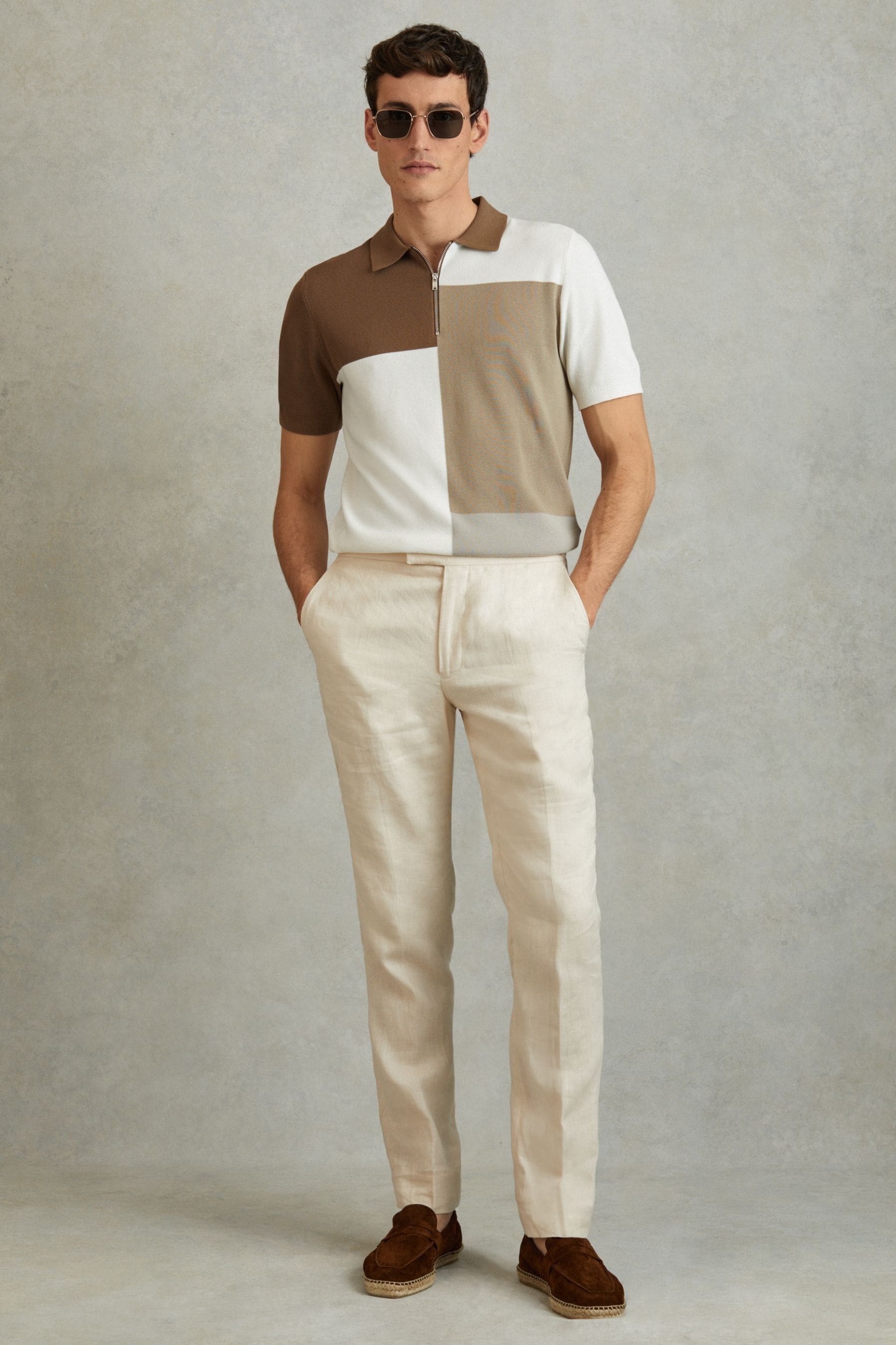 Reiss Delta - Camel Multi Colourblock Half-Zip Polo Shirt, M, Brown/White