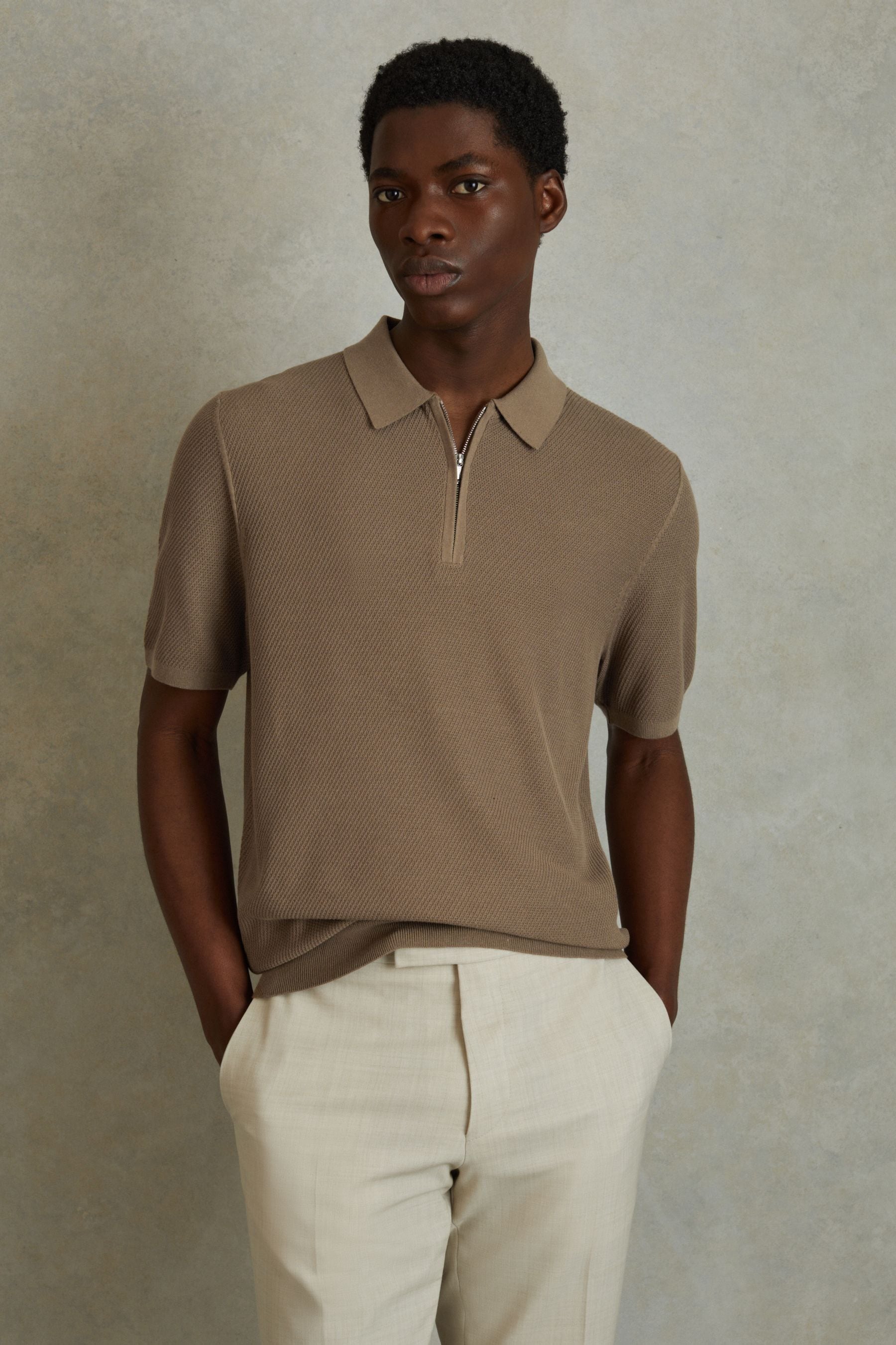 Ivor - Camel Textured Half-Zip Polo Shirt