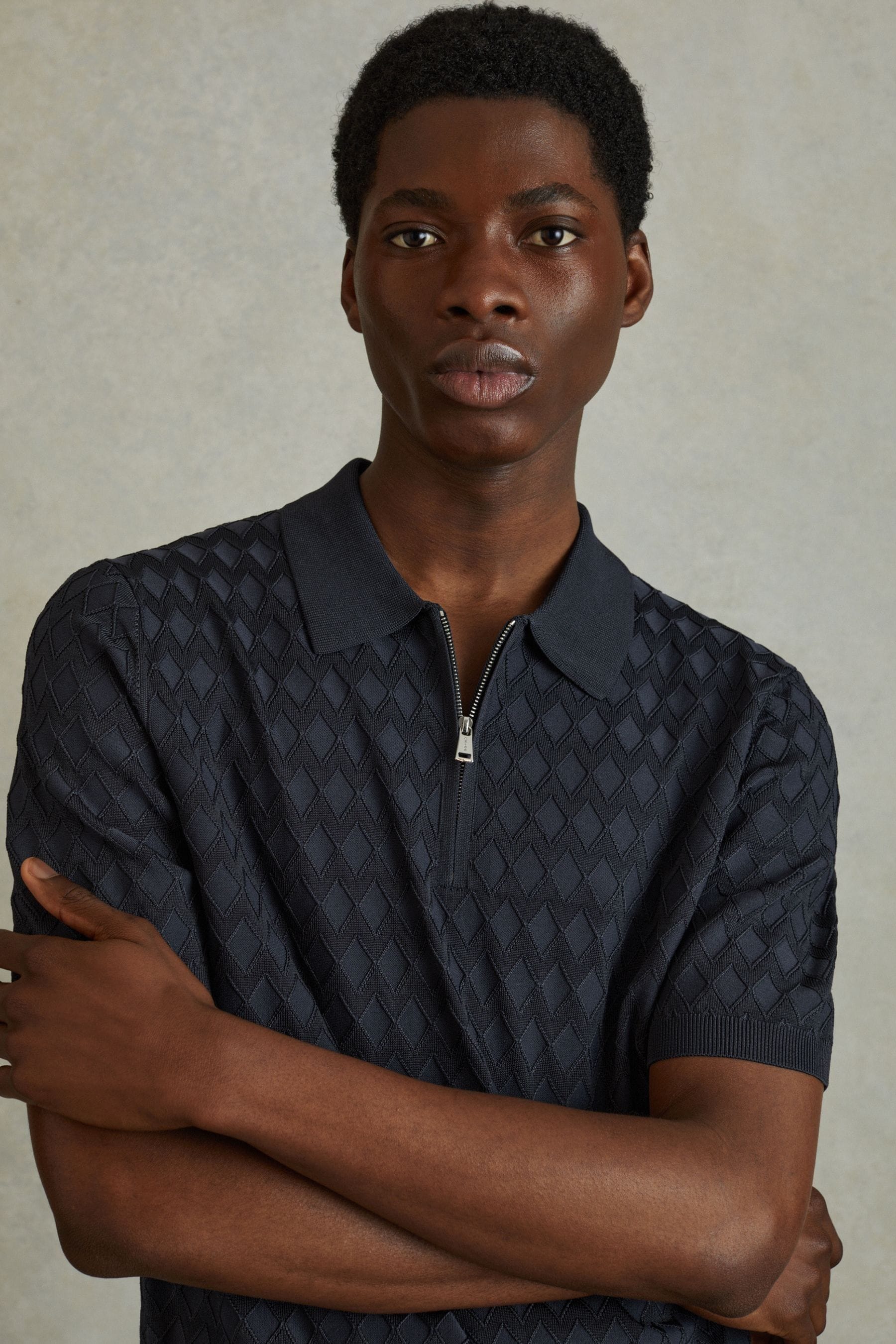 Rizzo - Navy Half-Zip Knitted Polo Shirt