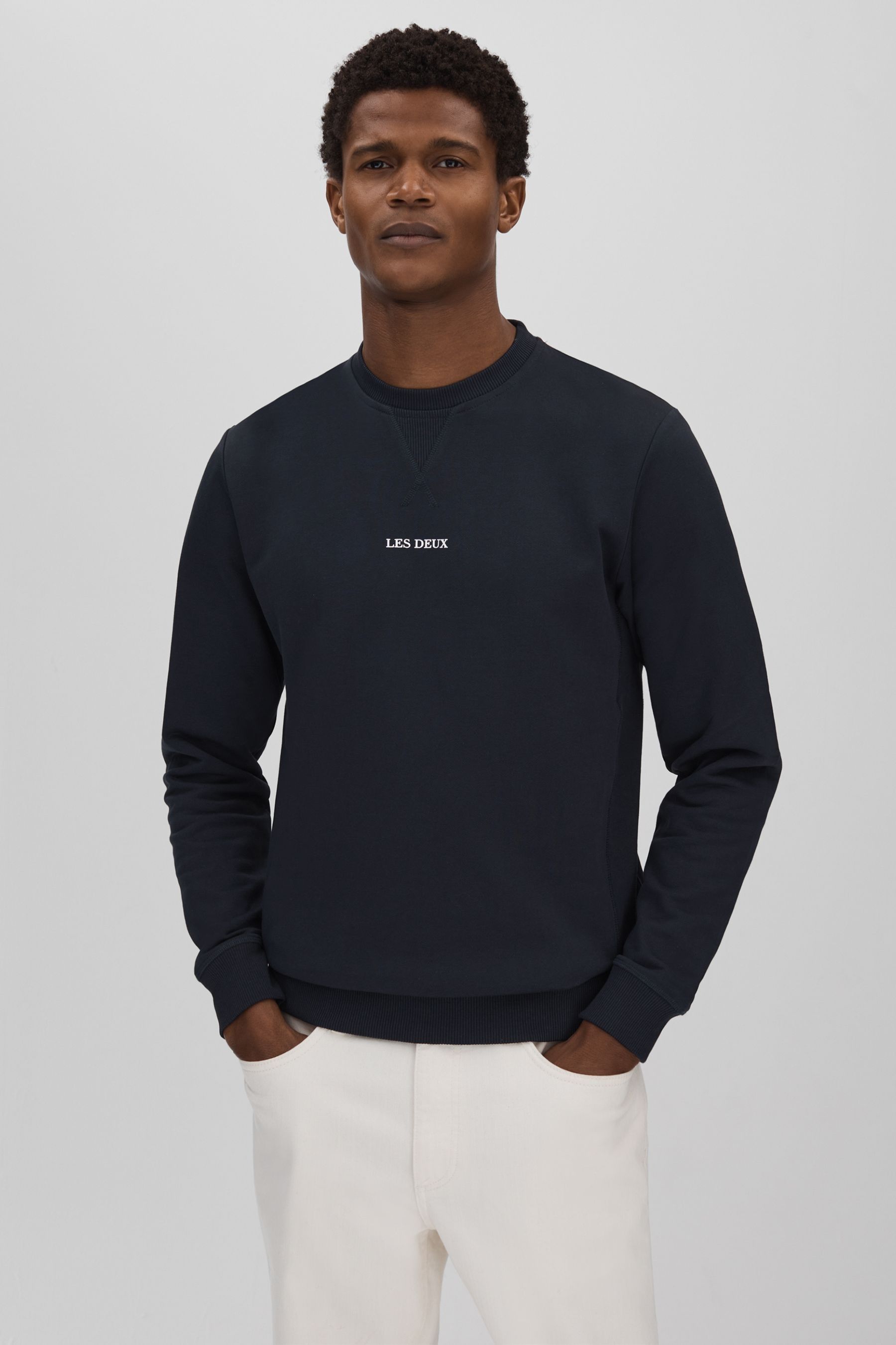 Shop Les Deux Cotton Crew Neck Sweatshirt In Navy/white