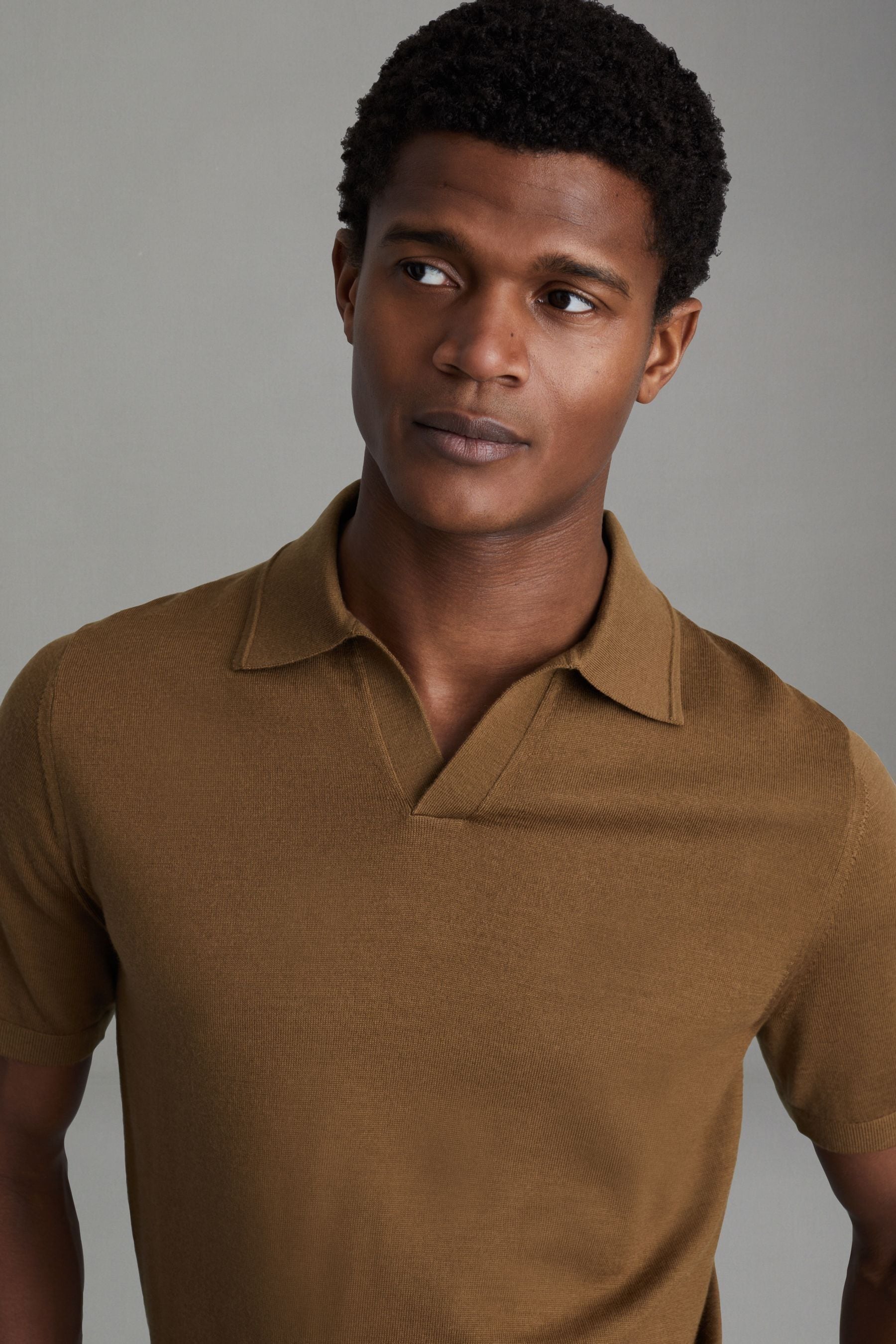 Shop Reiss Duchie - Tobacco Brown Merino Wool Open Collar Polo Shirt, L