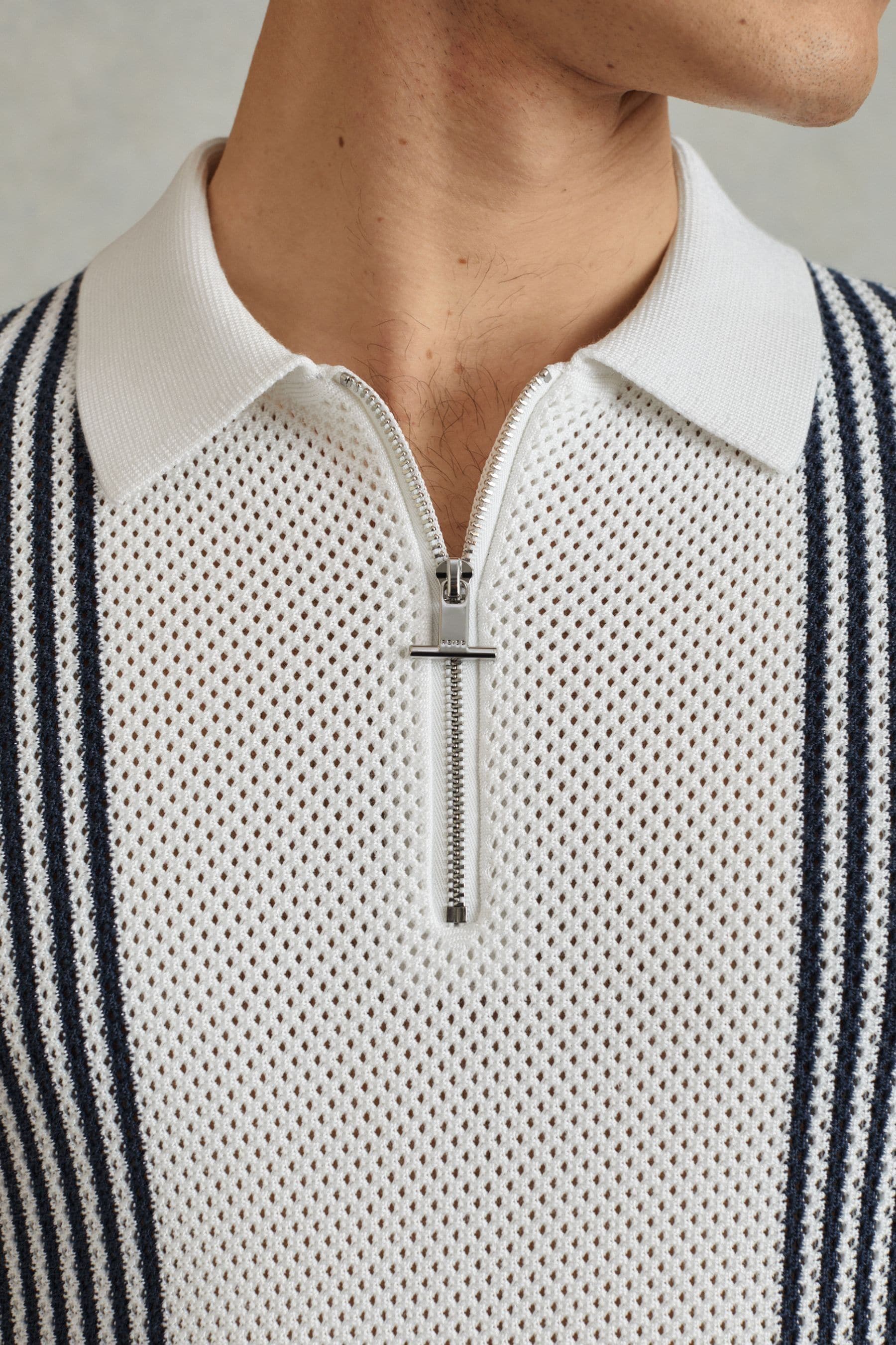 Shop Reiss Berlin - Blue/white Open-stitch Half-zip Polo Shirt, Xs