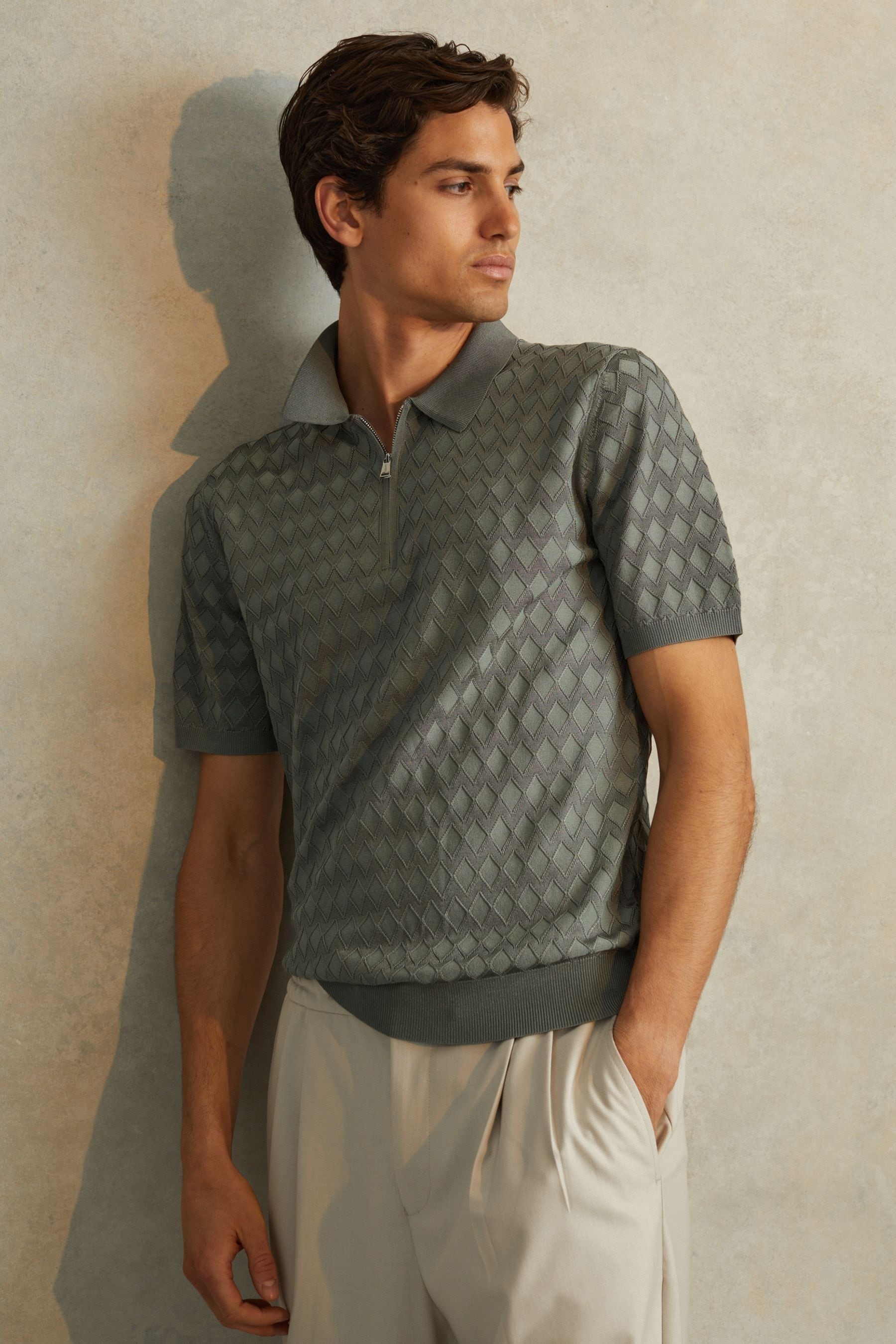 Shop Reiss Rizzo - Sage Half-zip Knitted Polo Shirt, Xl