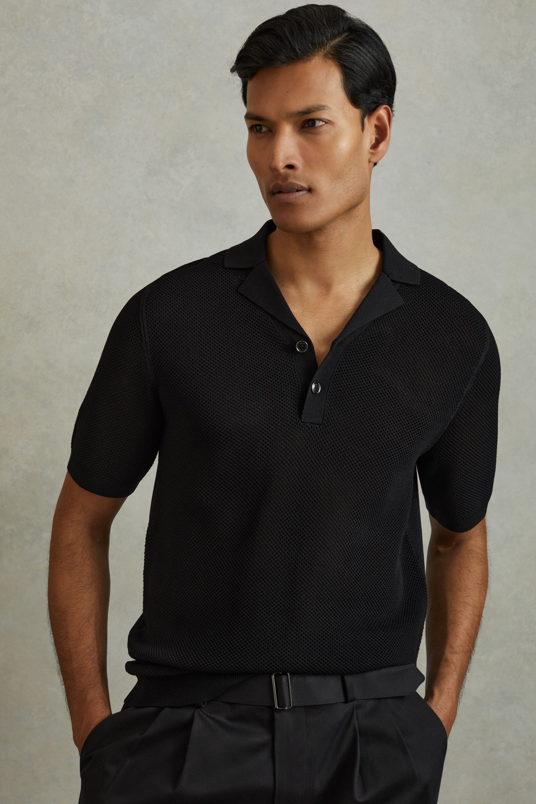 Charlie - Black Open-Stitch Cuban-Collar Polo Shirt