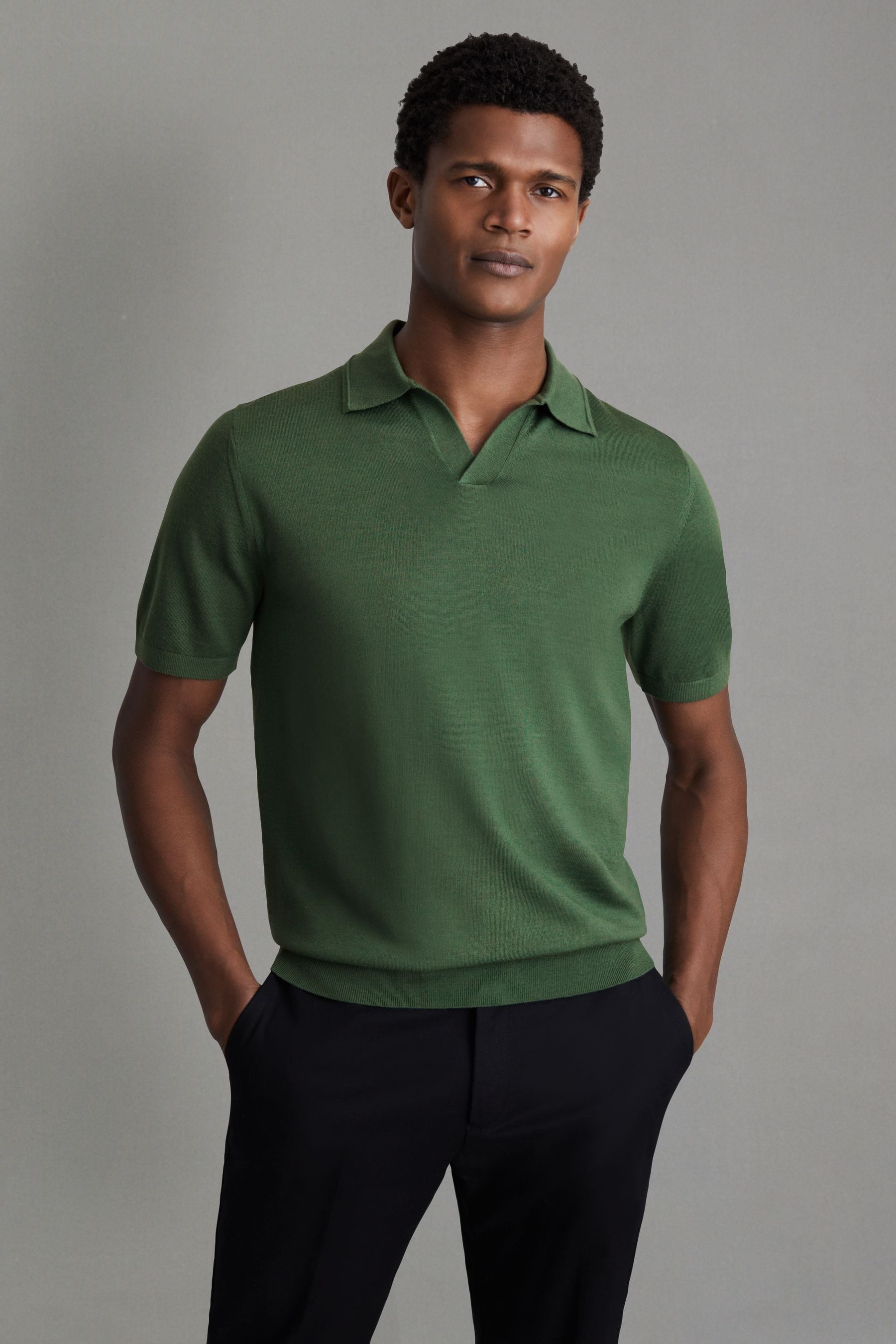 Shop Reiss Duchie - Lizard Green Merino Wool Open Collar Polo Shirt, M