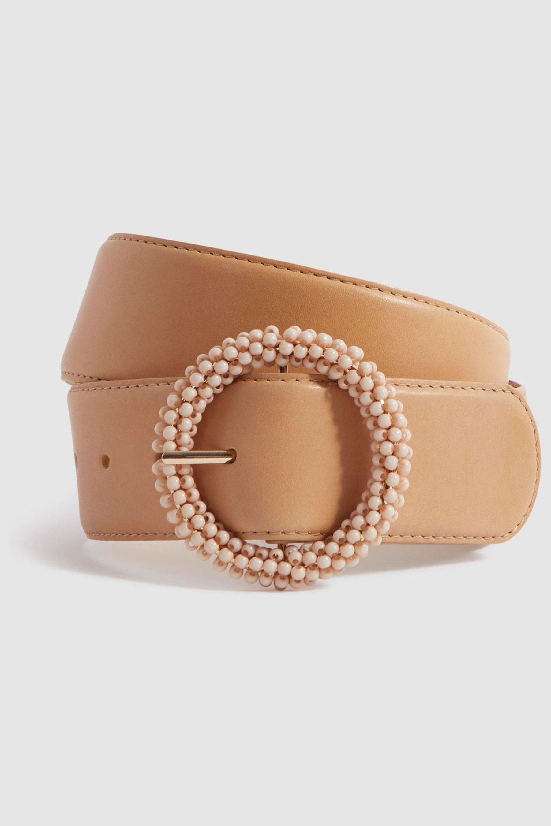 Shop Reiss Jasmine - Tan Leather Beaded Buckle Belt, M