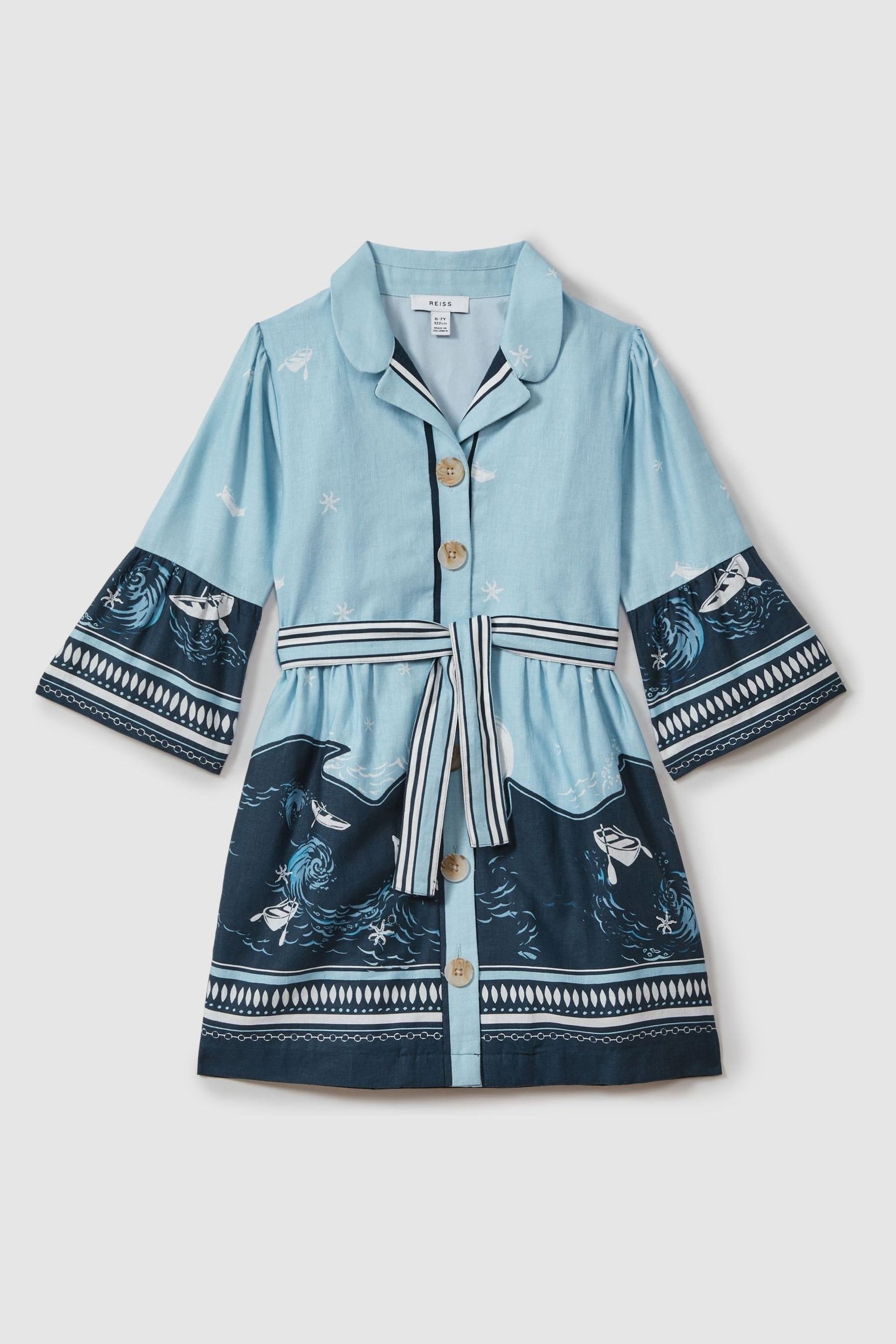Shop Reiss Hettie - Blue Print Cotton Linen Flared Sleeve Dress, Uk 13-14 Yrs