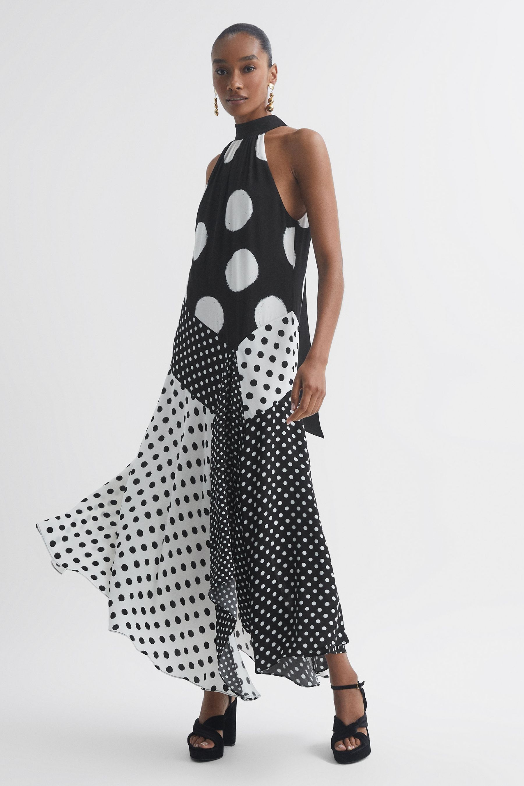 Florere Polka Dot Asymmetric Midi Dress, Black, Size: 12, Black/White