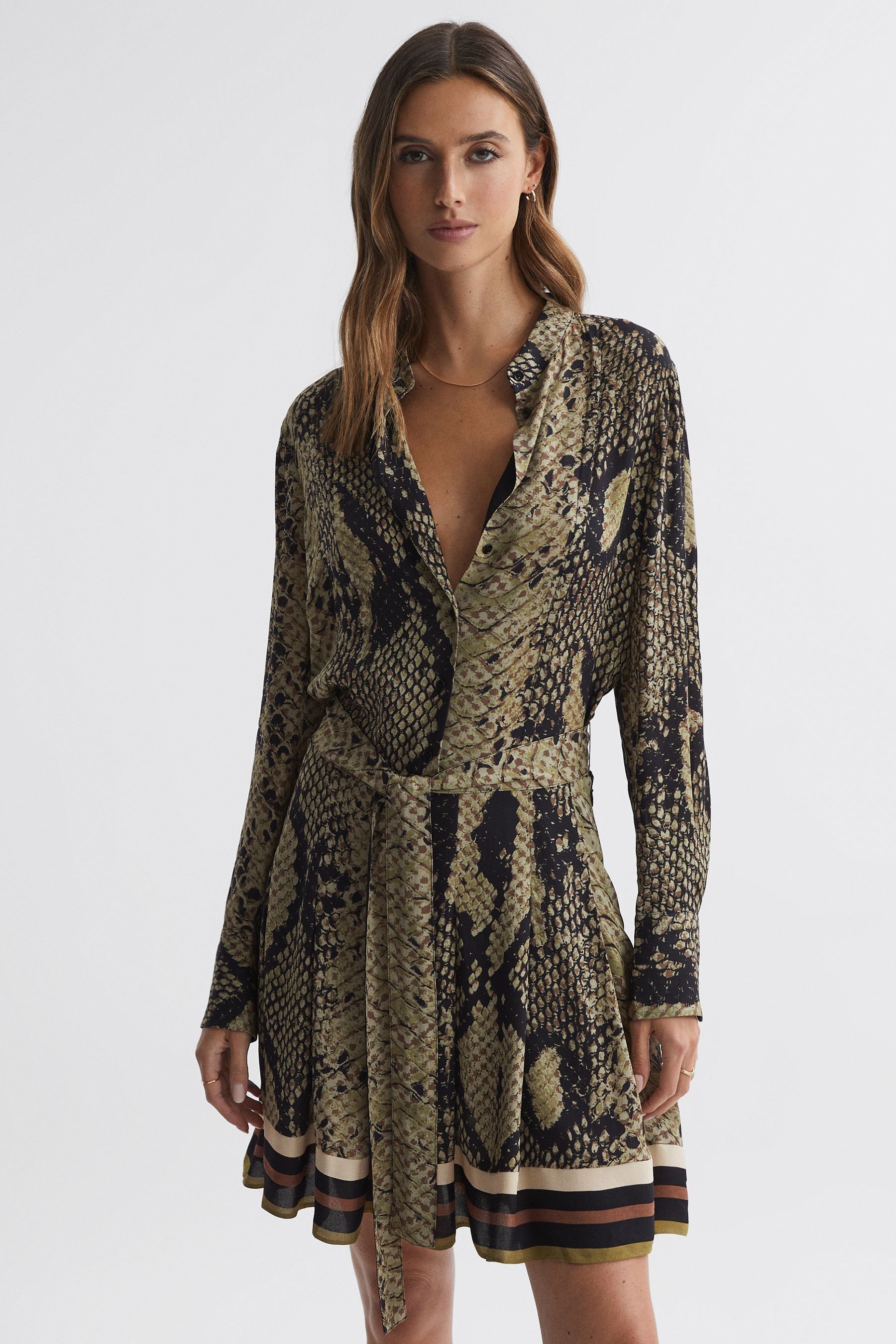 REISS RORY - BROWN SNAKE PRINT BELTED MINI DRESS, US 8