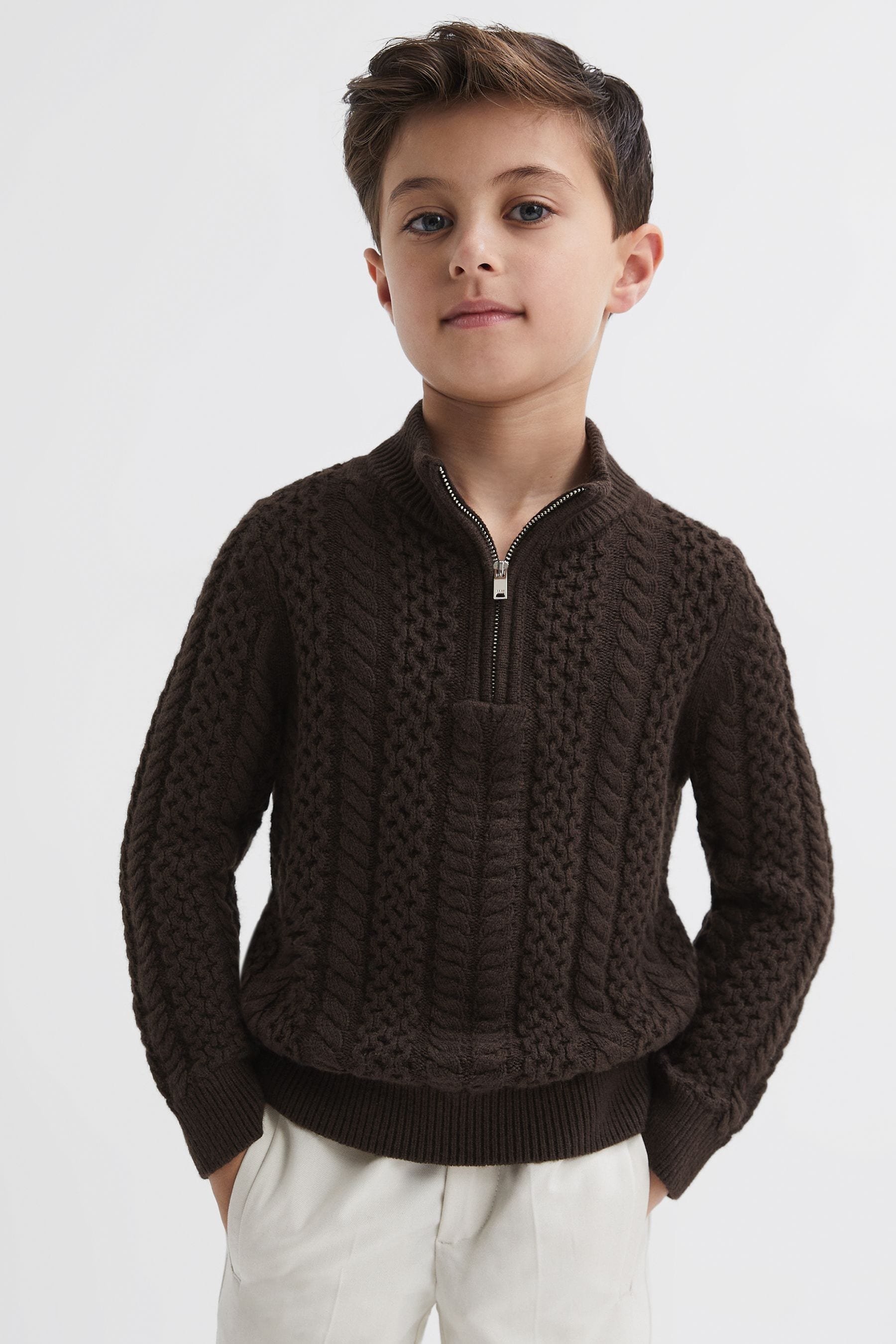 Reiss Bantham - Chocolate Junior Slim Fit Knitted Half-zip Jumper, Uk 7-8 Yrs