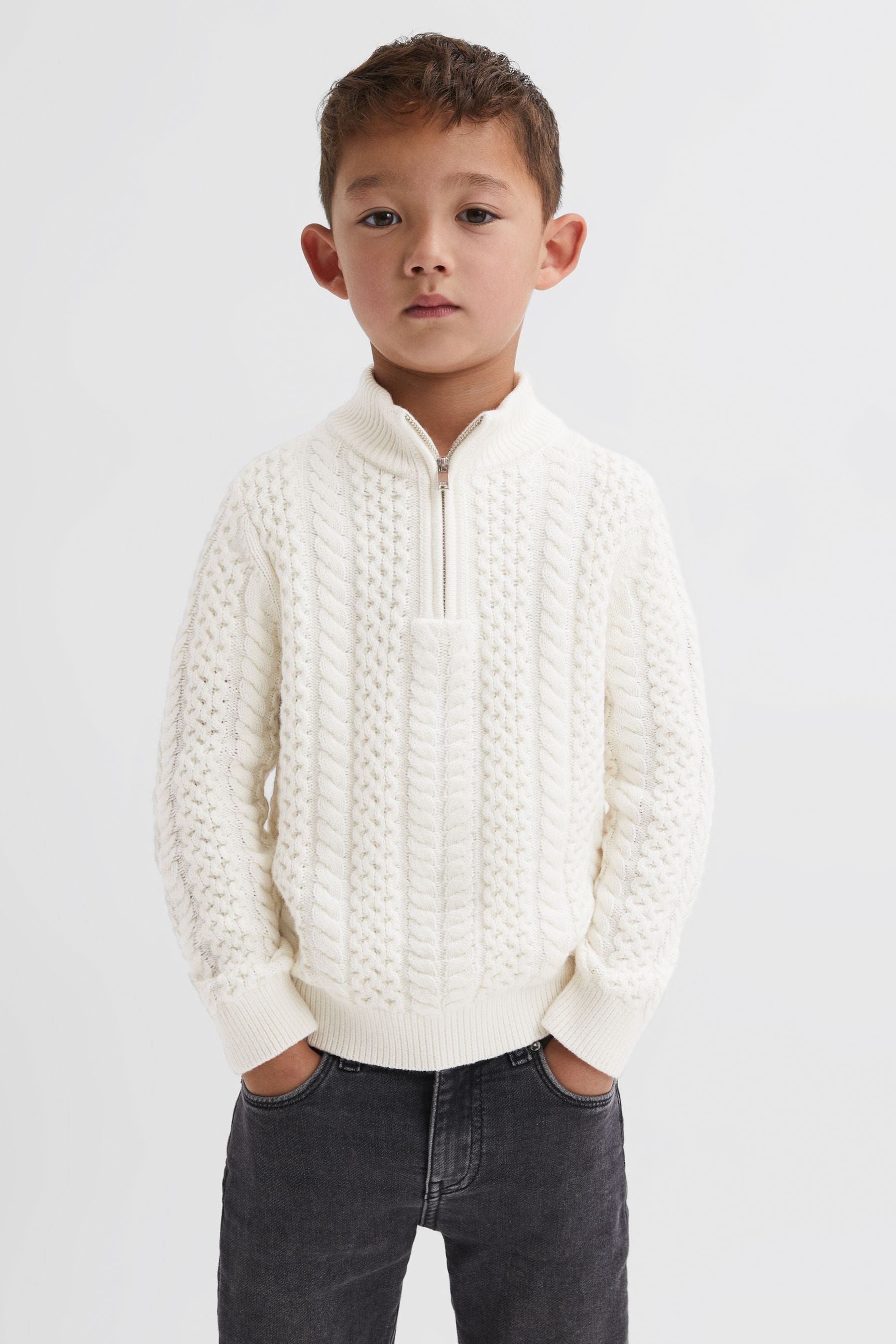 Reiss Bantham - Ecru Junior Slim Fit Knitted Half-zip Jumper, Age 5-6 Years