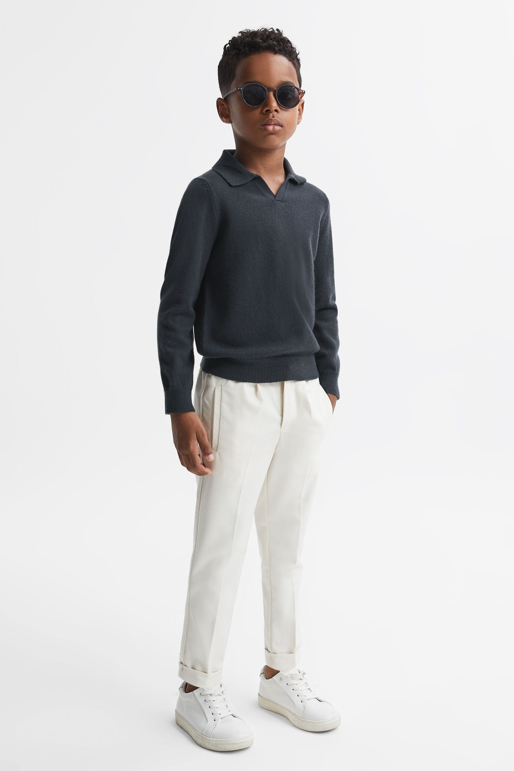 Reiss Swifts - Anthracite Grey Junior Slim Fit Merino Wool Open Collar Top, Age 8-9 Years