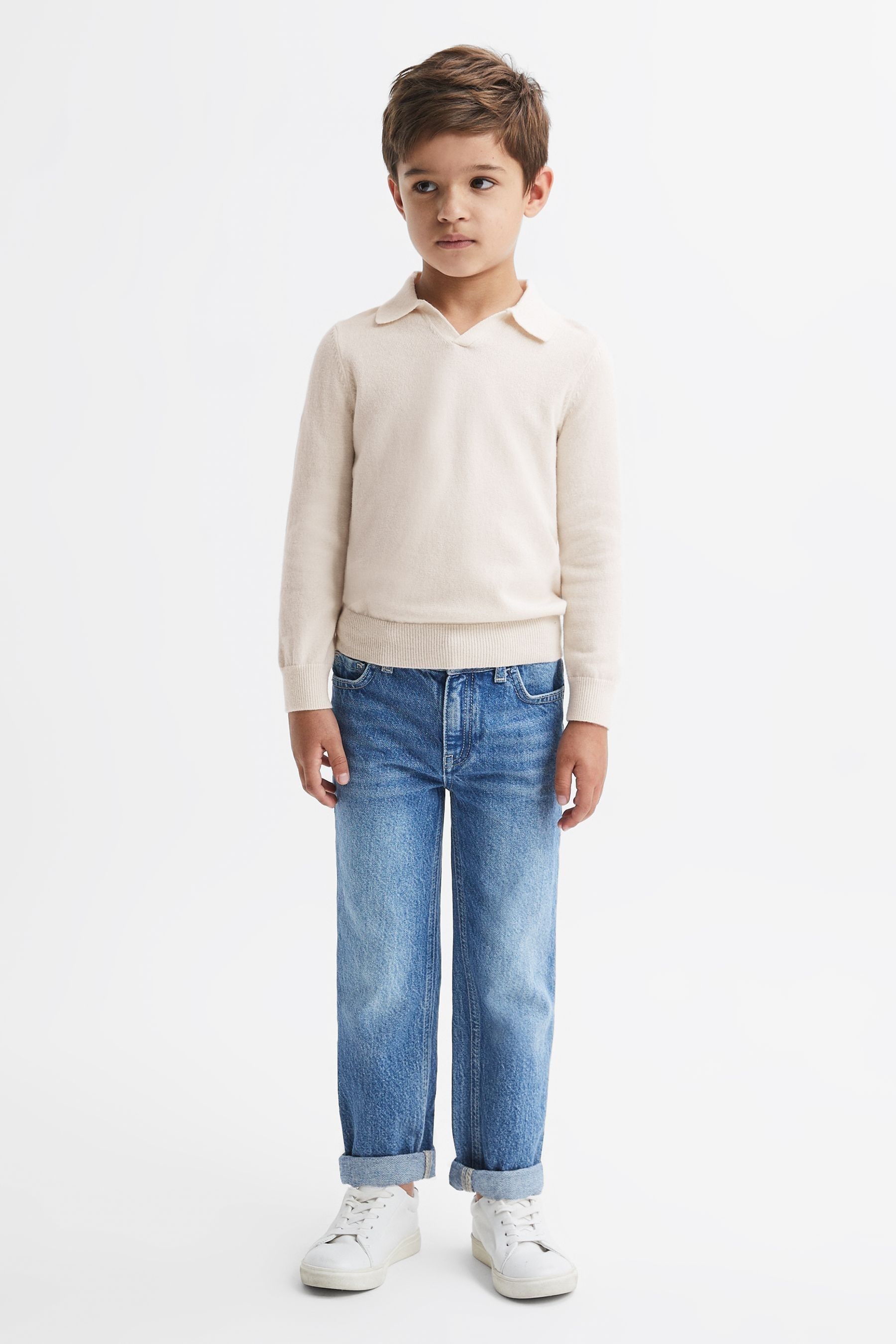 Reiss Swifts - Milk Junior Slim Fit Merino Wool Open Collar Top, Uk 7-8 Yrs