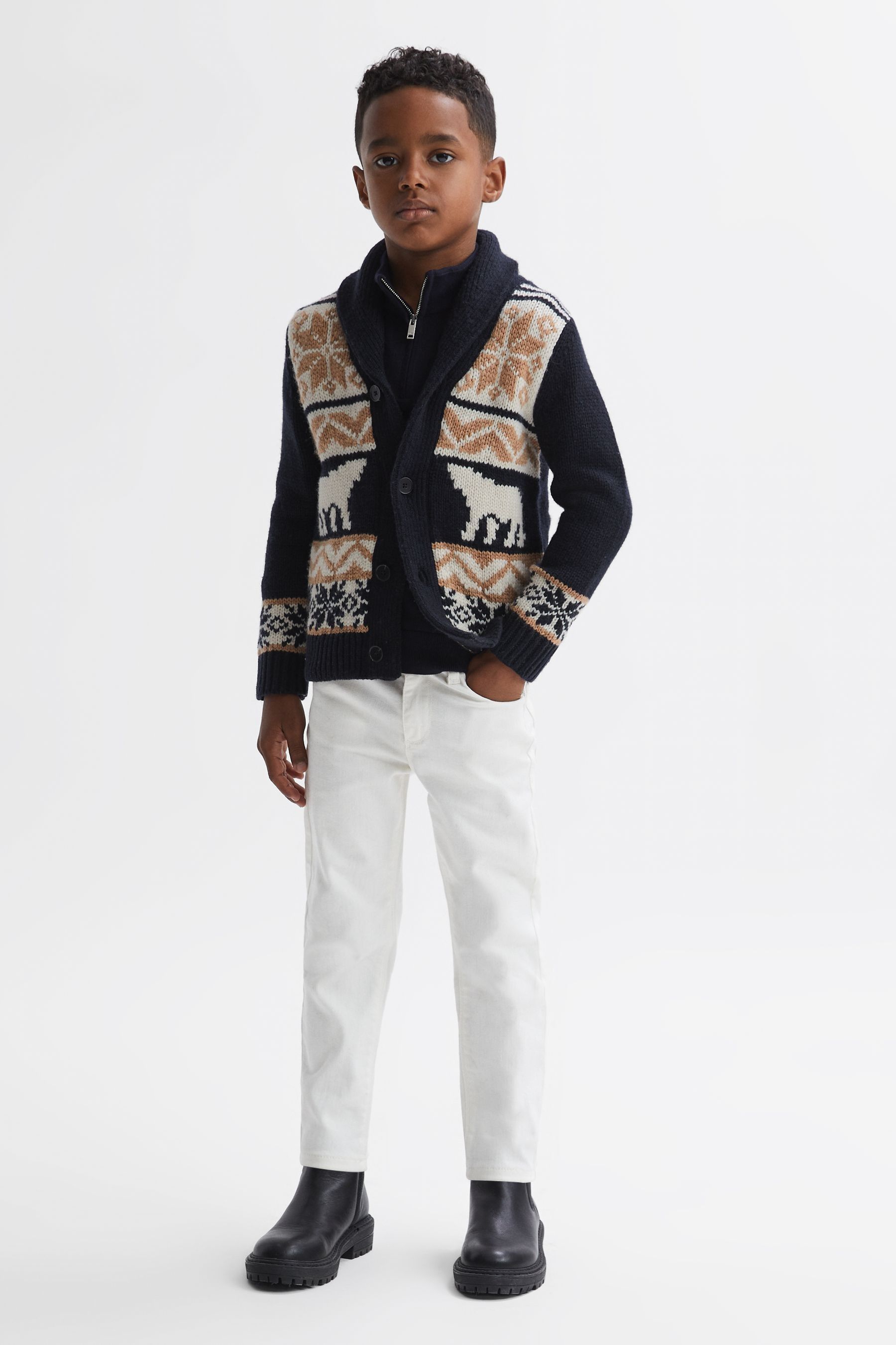 Reiss Kids' Birch - Navy Multi Senior Knitted Fair Isle Button-through Cardigan, 11 - 12 Years