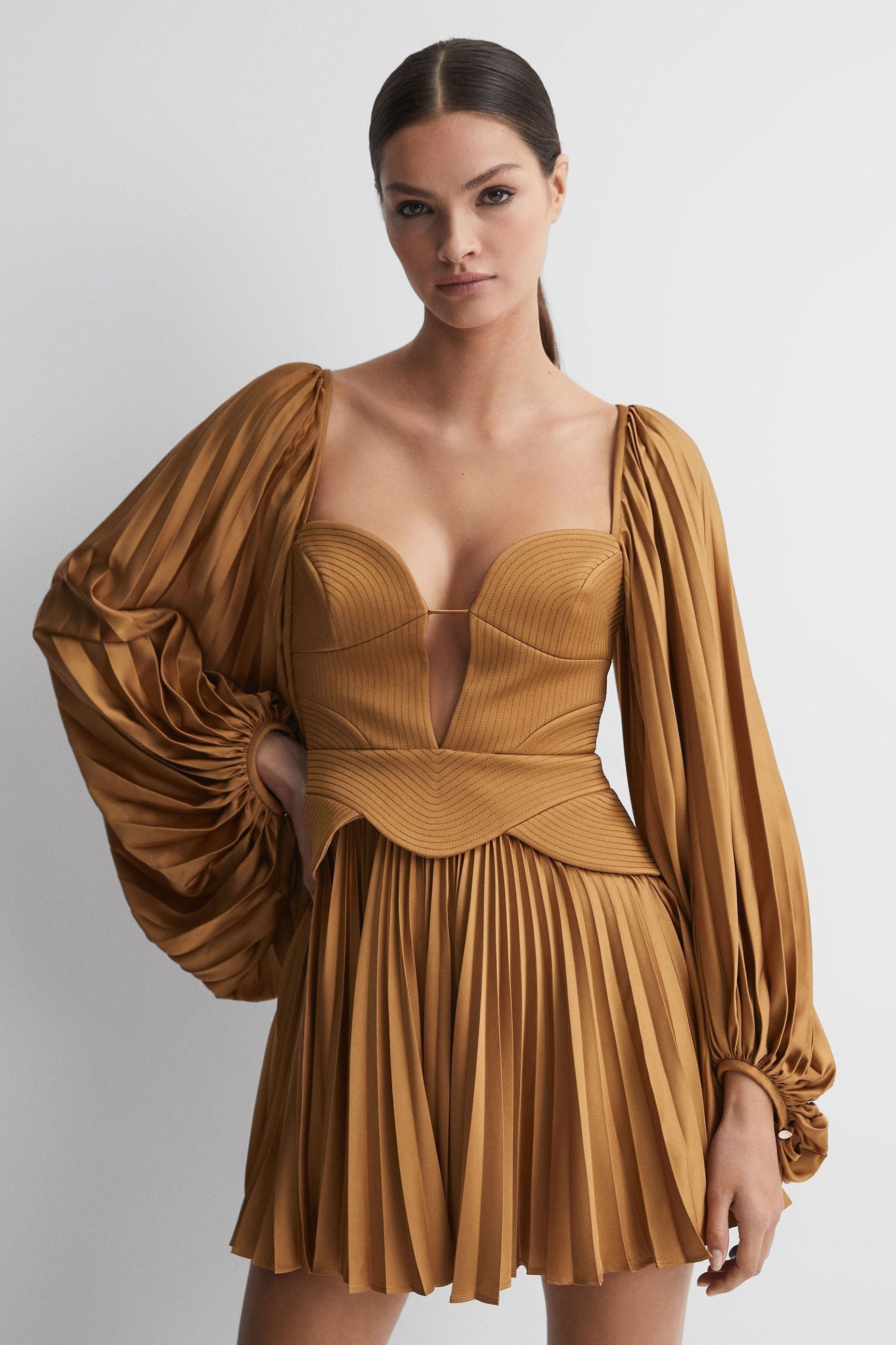 Shop Acler Peplum Pleated Mini Dress In Gold