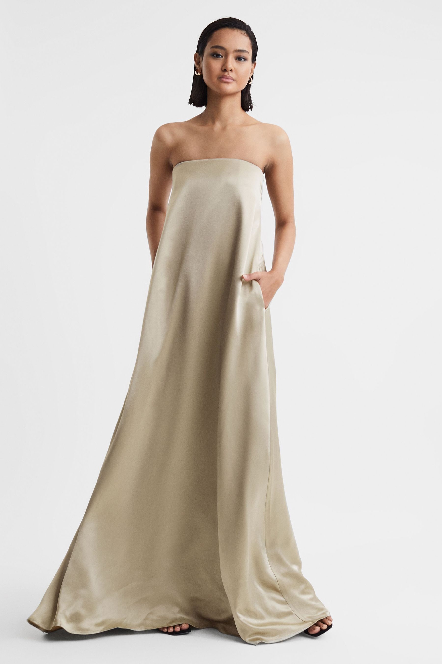 Shop Anna Quan Japanese Satin Strapless Maxi Dress In Taupe