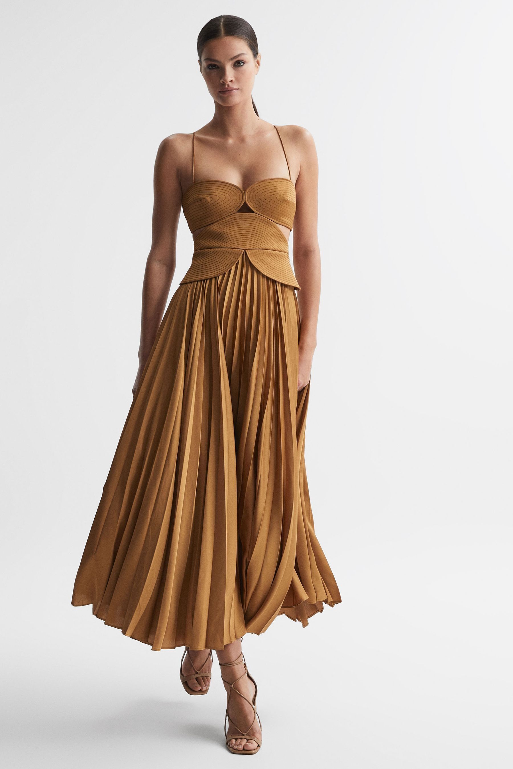 Shop Acler Peplum Pleated Midi Dress In Gold