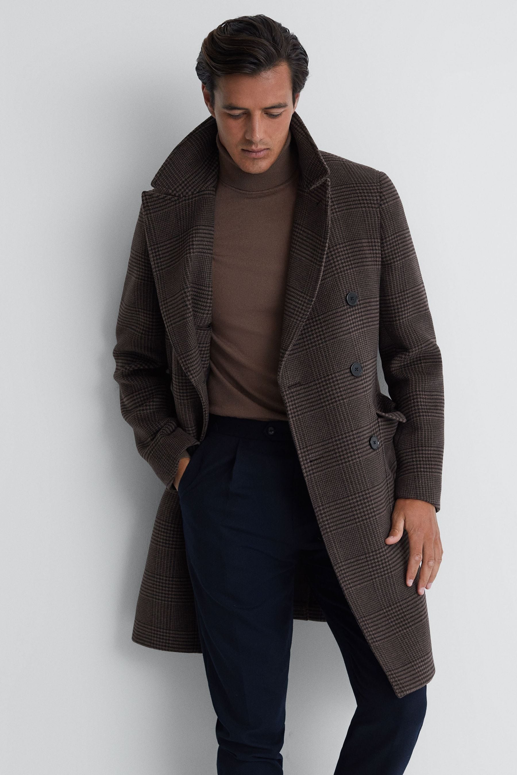 Reiss Date - Brown Wool Check Double Breasted Coat, S