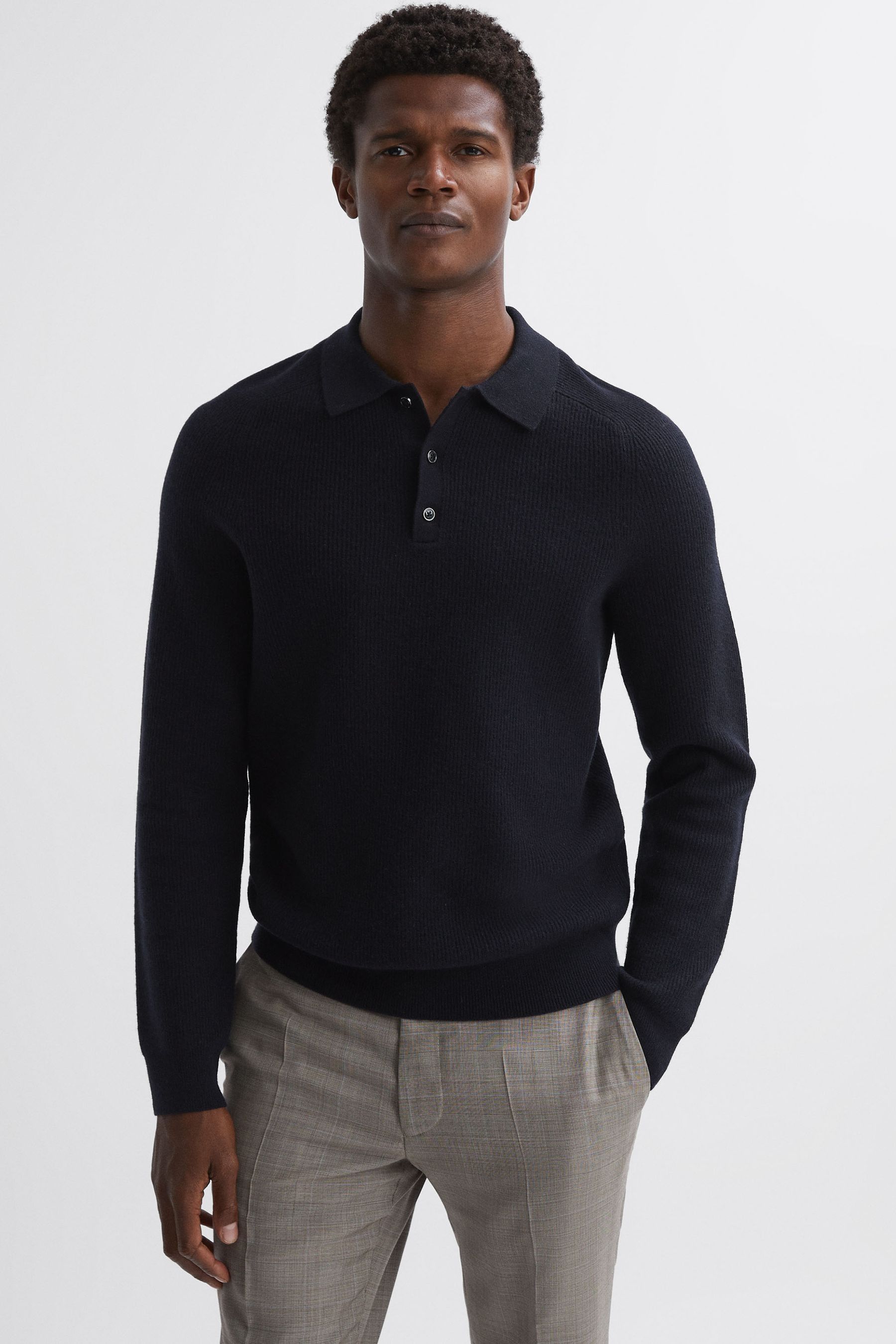 Reiss Holms - Navy Wool Long Sleeve Polo Shirt, Xl