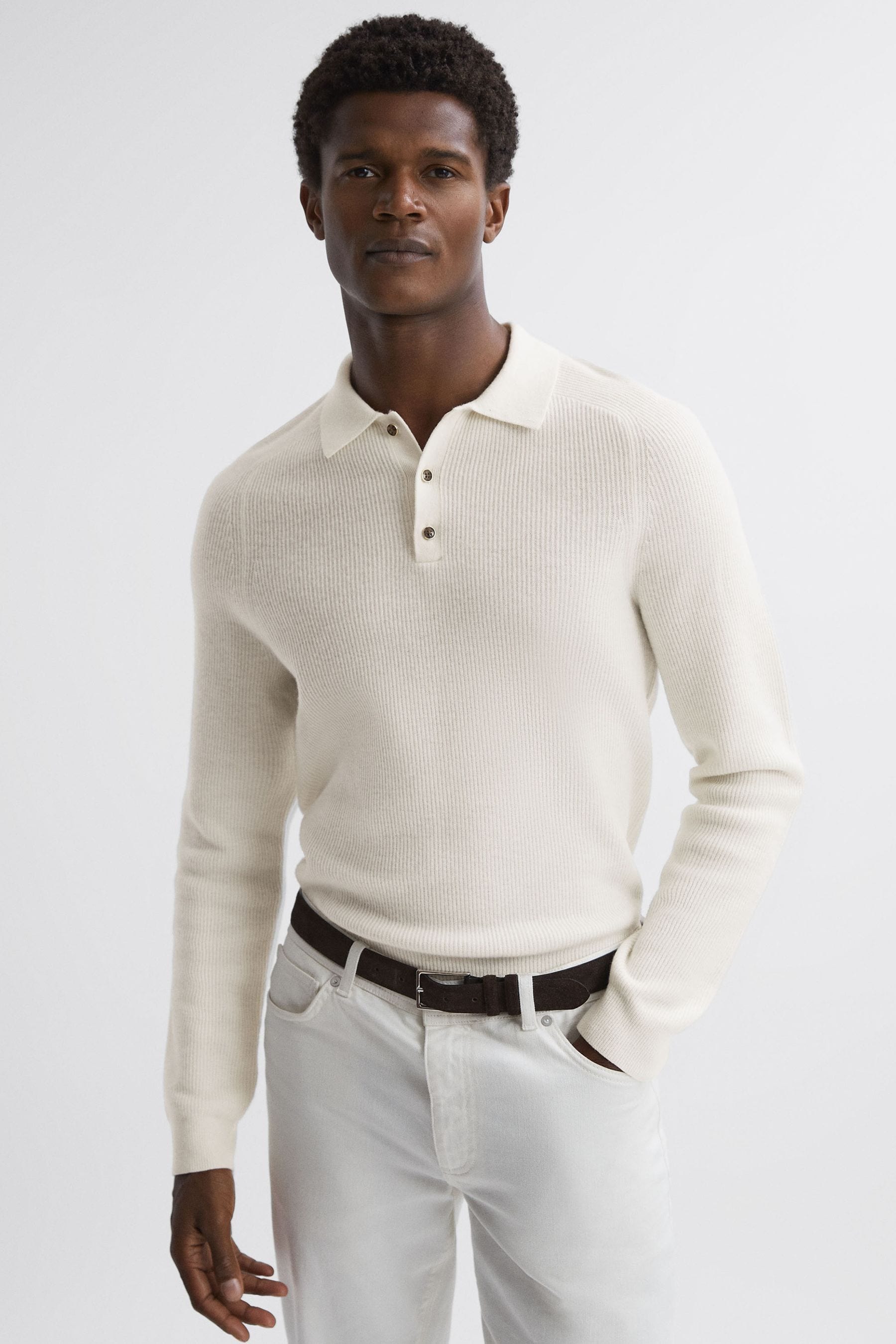 Reiss Holms Wool Regular Fit Long Sleeve Polo Sweater In Ecru