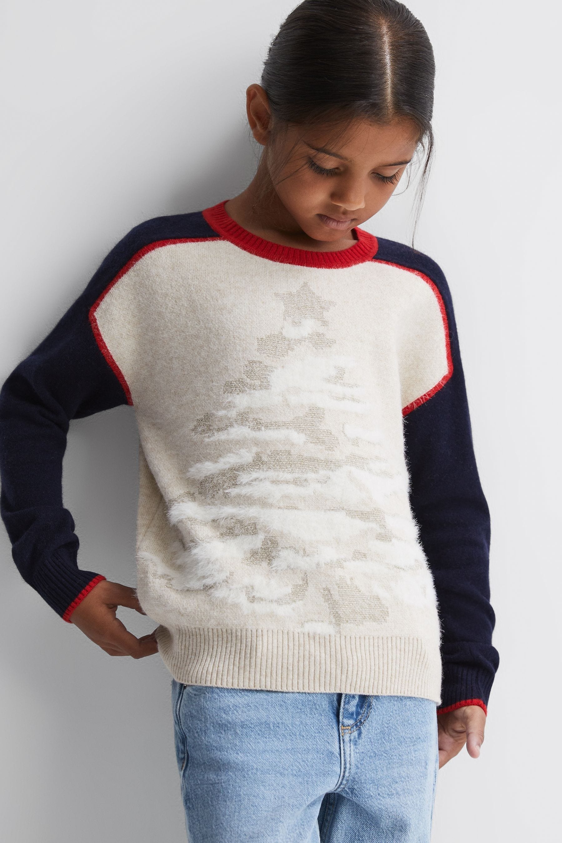 Reiss Kids' Tilly - Blue Junior Casual Knitted Festive Jumper, Age 8-9 Years