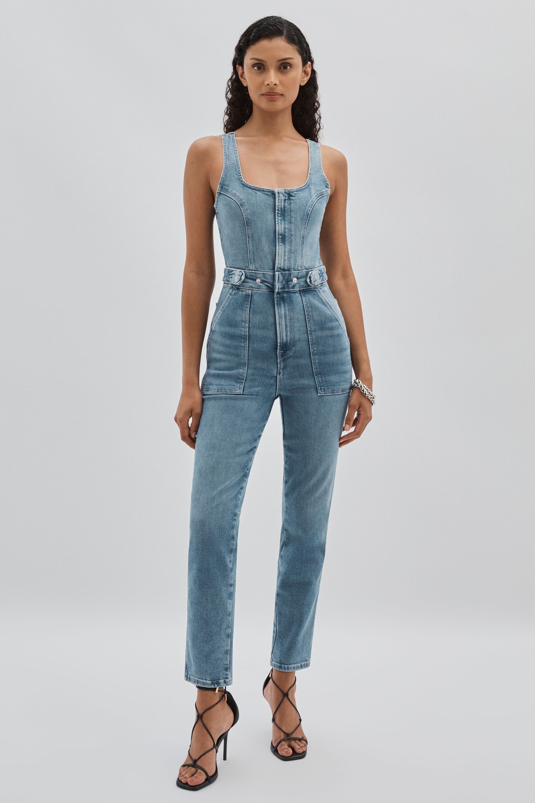 Good American Mid Blue Denim Jumpsuit, XL