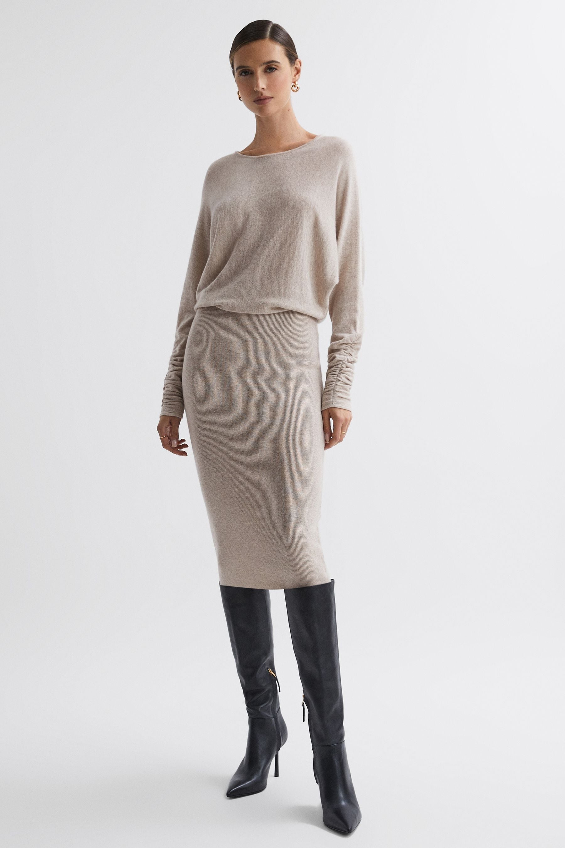 Shop Reiss Leila - Neutral Wool Blend Ruched Sleeve Midi Dress, Xs